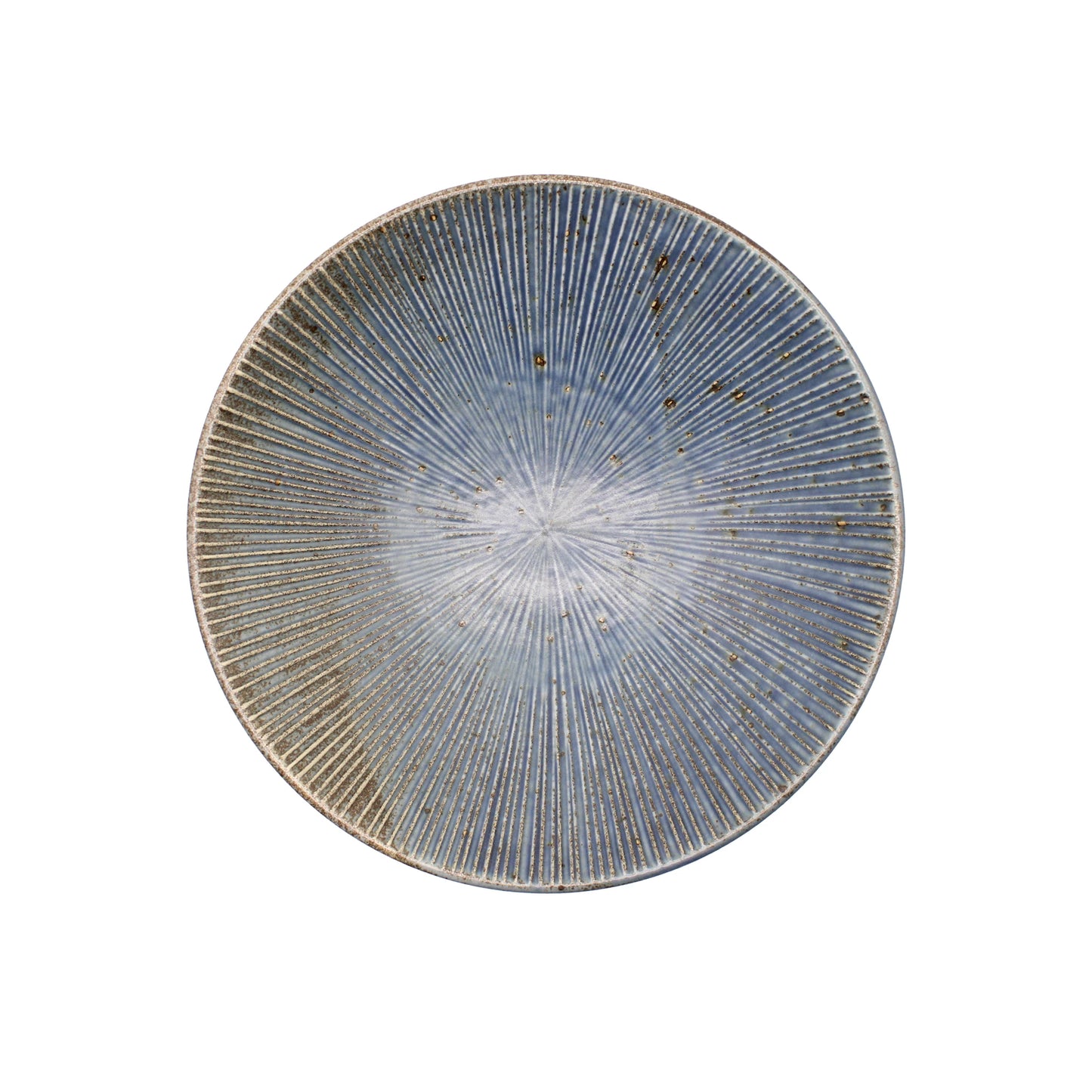 
                  
                    The Ramen Bowl - Blue Etched Lines is a round, handmade Minoyaki porcelain plate featuring a blue and brown radiating line pattern, shown from above on a white background.
                  
                