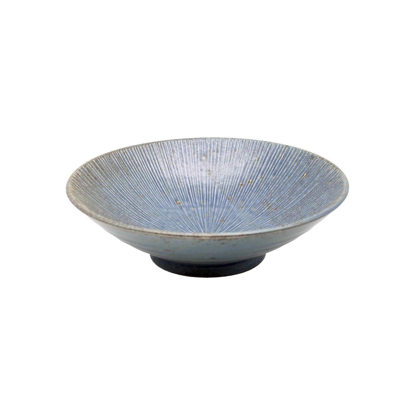 The Ramen Bowl - Blue Etched Lines is a handmade, shallow Minoyaki porcelain bowl with a light blue glazed interior, radial etched lines, and a small dark base.