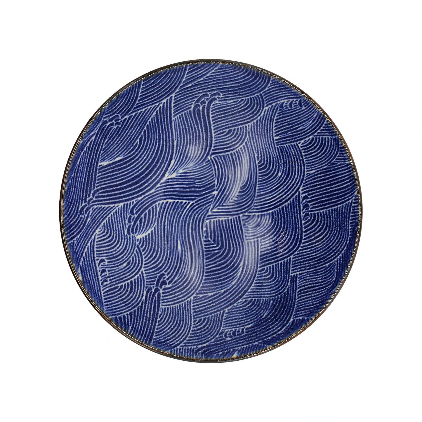 The Ramen Bowl - Blue Wave is a round Minoyaki porcelain bowl with a blue background, featuring an abstract pattern of white curved lines.