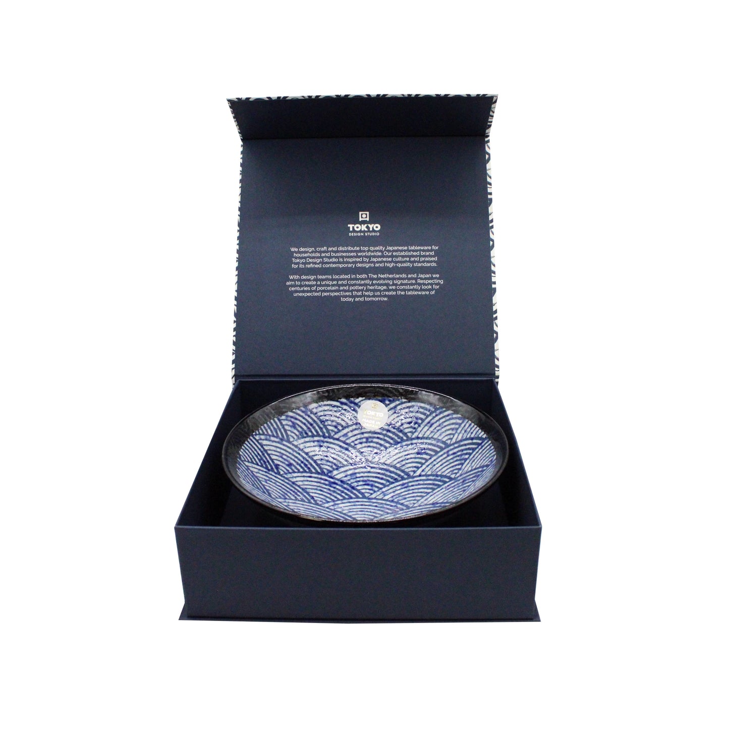 The Ramen Bowl Gift Set - Blue Wave features a blue and white seigaiha porcelain bowl presented in an open black gift box with a label—perfect for ramen lovers.