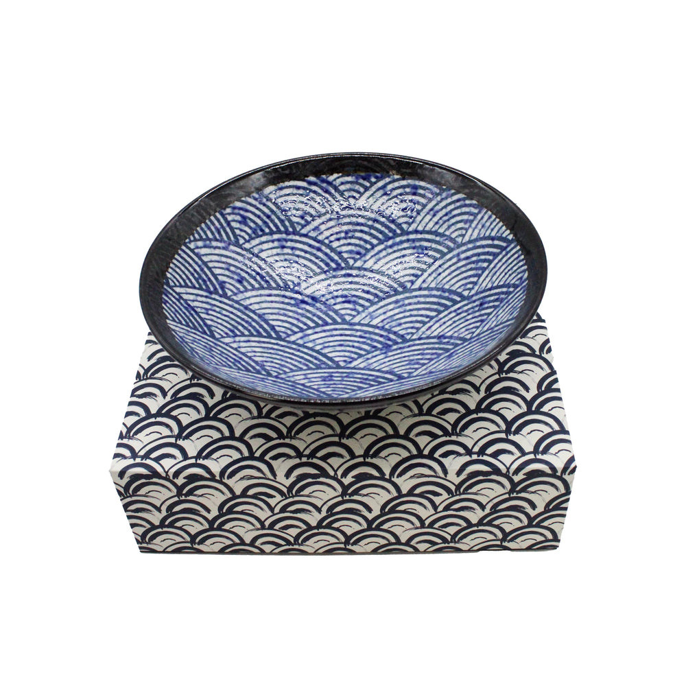 The Ramen Bowl Gift Set - Blue Wave features a Japanese porcelain bowl and matching box, both adorned with blue seigaiha (wave) patterns on white—an ideal gift for ramen lovers and collectors.