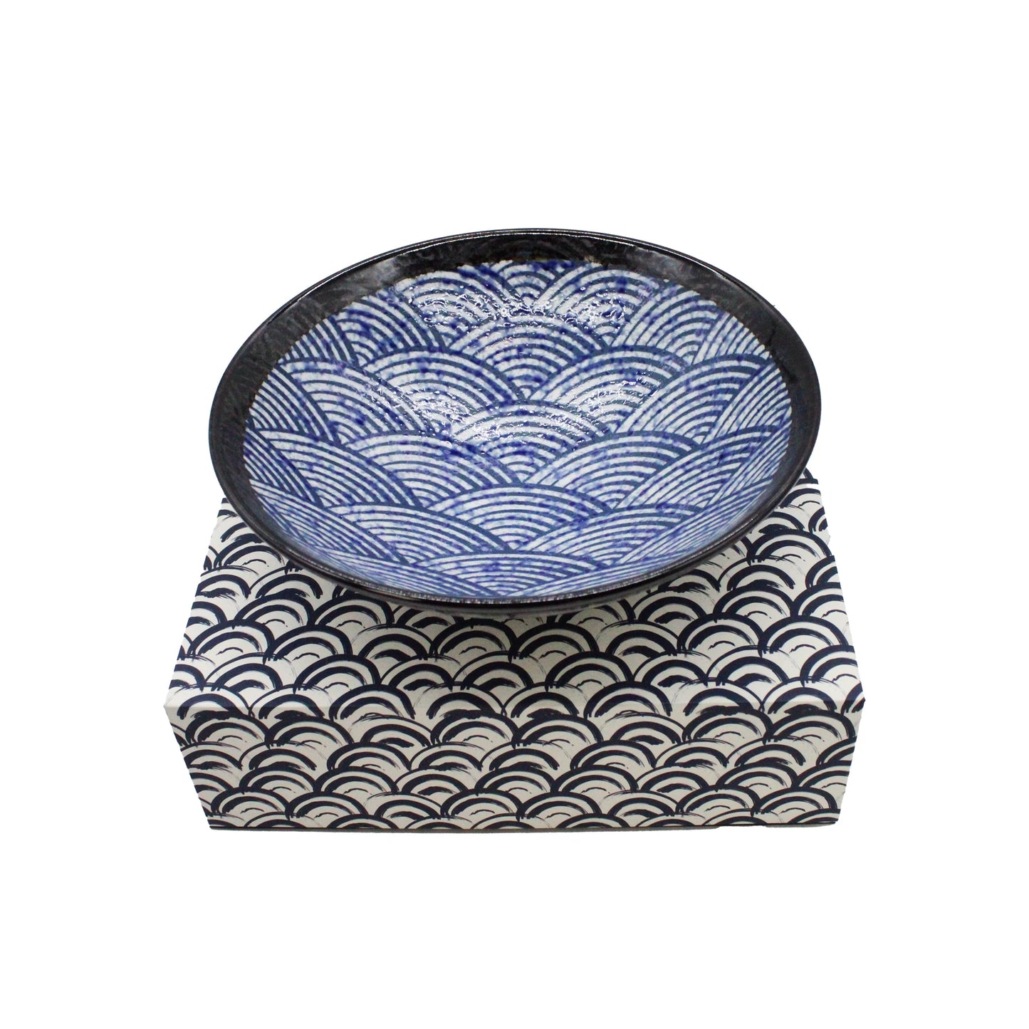 The Ramen Bowl Gift Set - Blue Wave features a Japanese porcelain bowl and matching box, both adorned with blue seigaiha (wave) patterns on white—an ideal gift for ramen lovers and collectors.