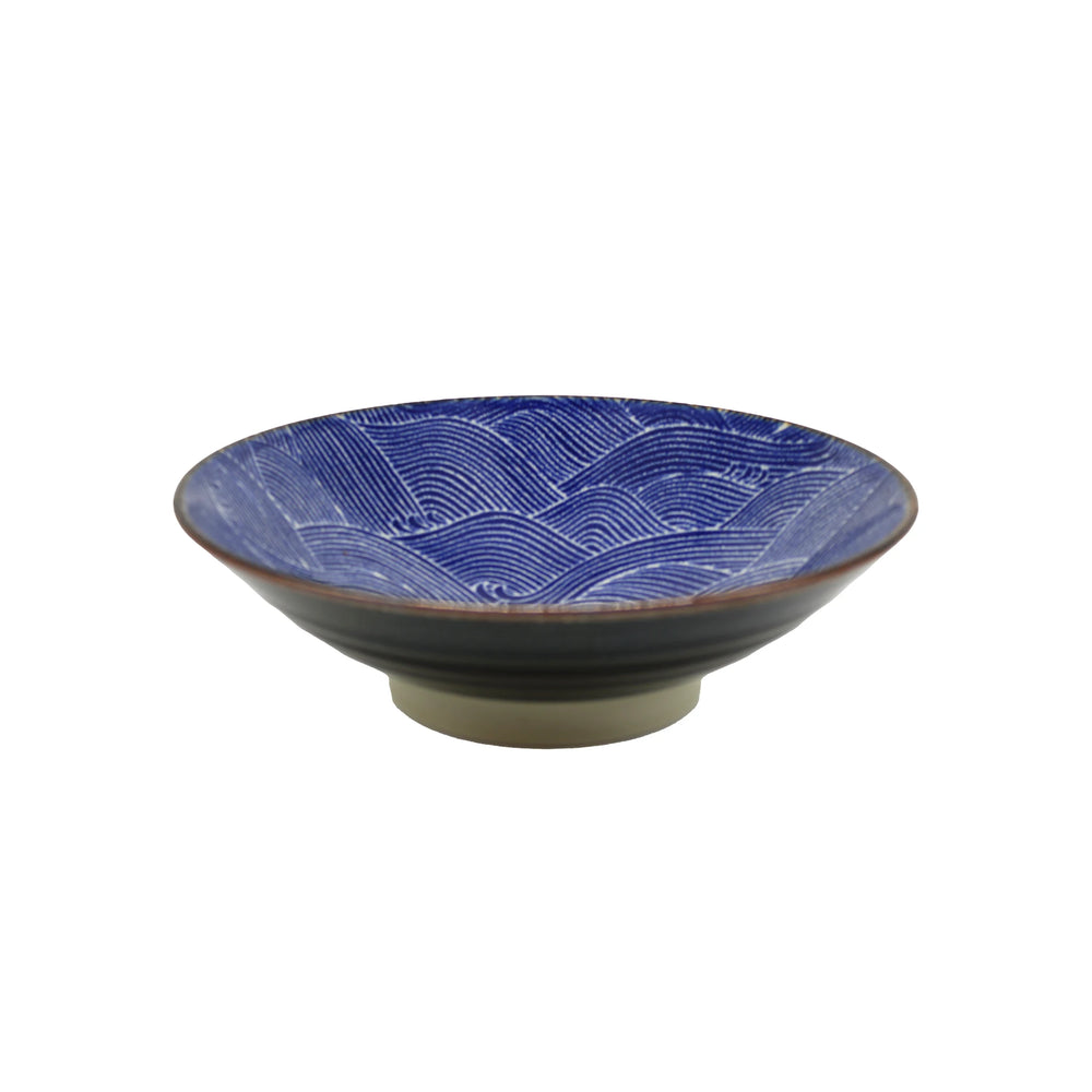 The Ramen Bowl - Blue Wave features a striking interior wave pattern and is handcrafted in Minoyaki porcelain. This handmade Japanese bowl is pictured on a plain white background.