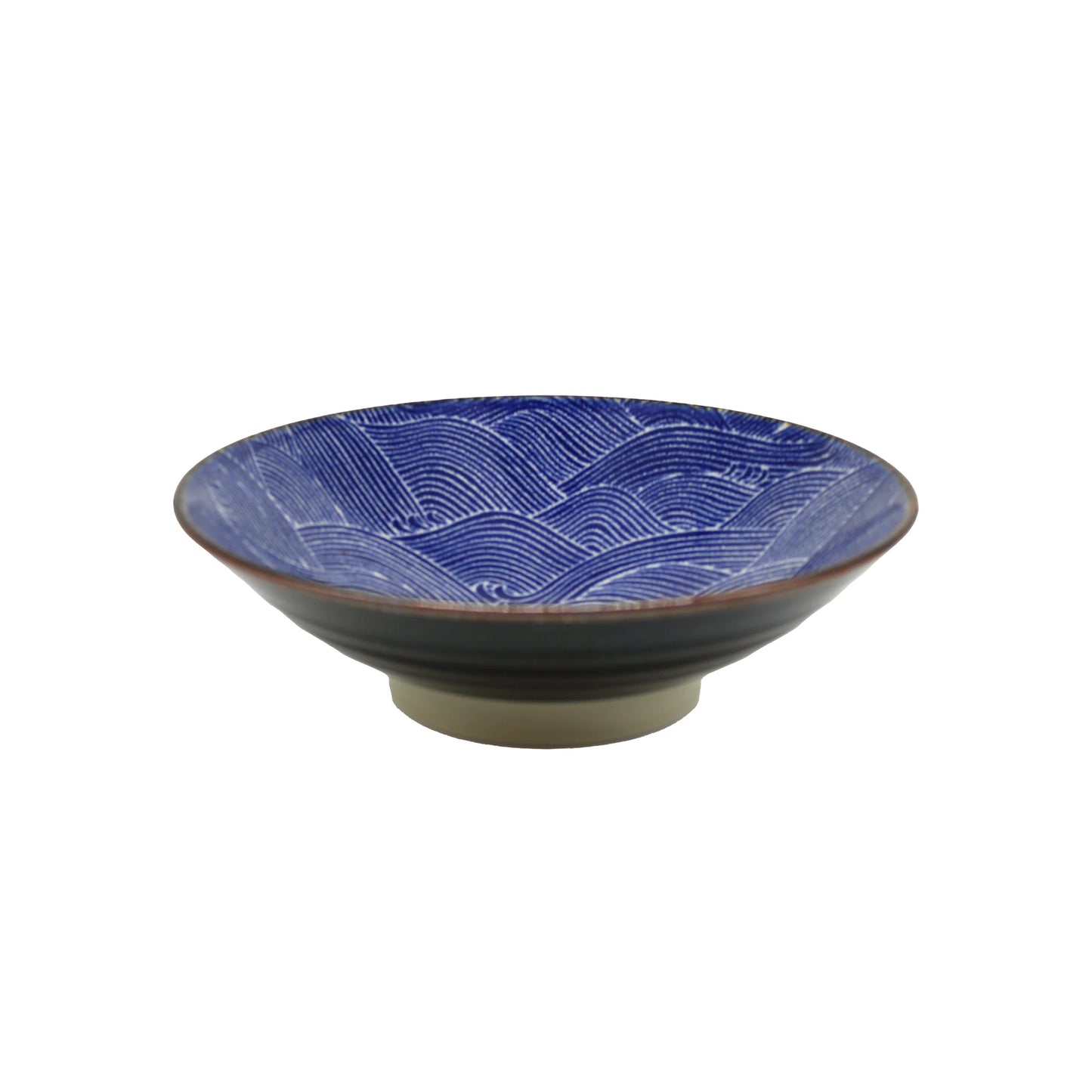 The Ramen Bowl - Blue Wave features a striking interior wave pattern and is handcrafted in Minoyaki porcelain. This handmade Japanese bowl is pictured on a plain white background.