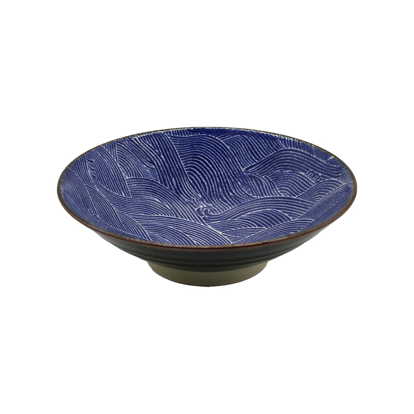 
                  
                    The Ramen Bowl - Blue Wave is a handmade, shallow round Japanese bowl crafted from Minoyaki porcelain, featuring a blue interior with wavy white lines and a contrasting dark base.
                  
                