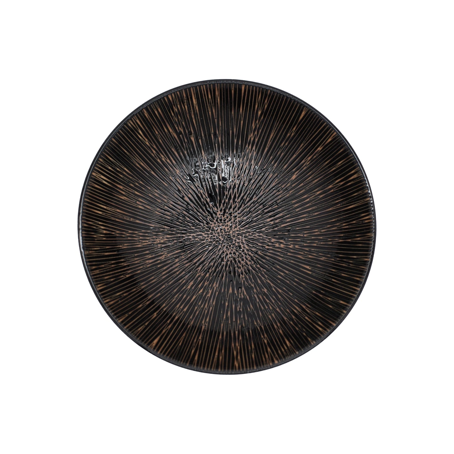 
                  
                    The Ramen Bowl - Bronze is a round, black handmade bowl featuring a textured bronze radiating line pattern, inspired by Japanese ramen bowls and shown from above on a white background.
                  
                