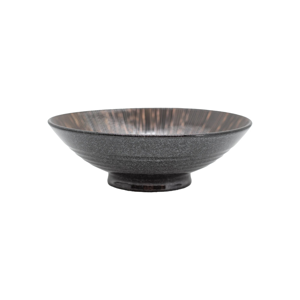 The Ramen Bowl - Bronze is a dark, shallow handmade bowl with a wide rim and small round base, inspired by Japanese ramen bowls, displayed against a white background.