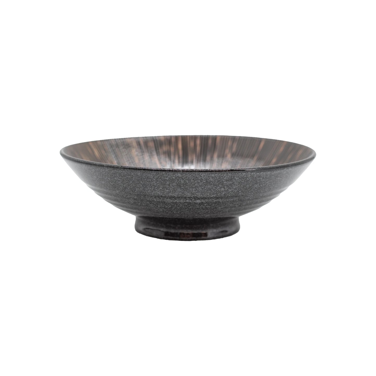 The Ramen Bowl - Bronze is a dark, shallow handmade bowl with a wide rim and small round base, inspired by Japanese ramen bowls, displayed against a white background.