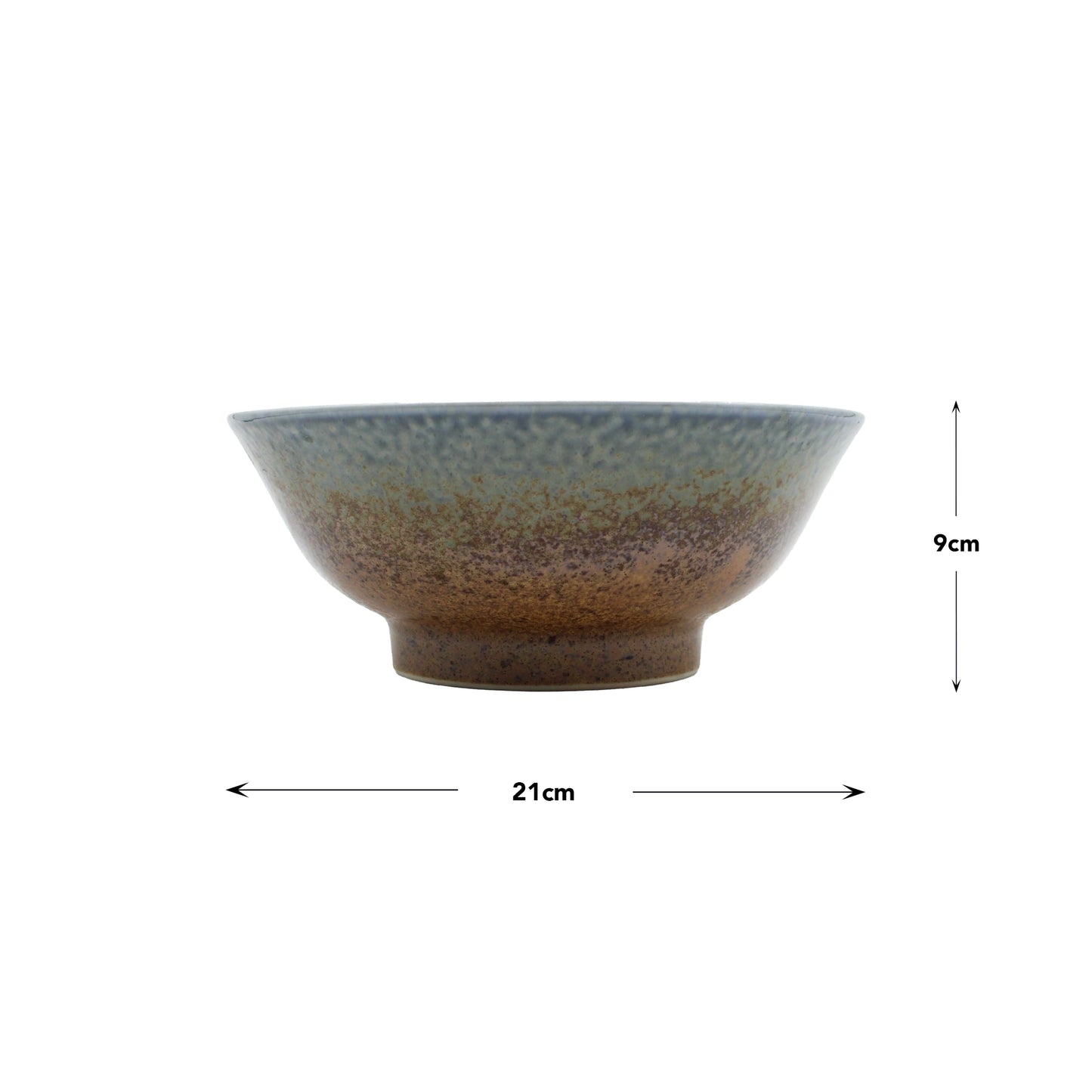 
                  
                    The Ramen Bowl - Brown and Blue, featuring a rustic mottled brown and green finish, measures 21 cm in diameter and 9 cm in height and is shown against a white background.
                  
                