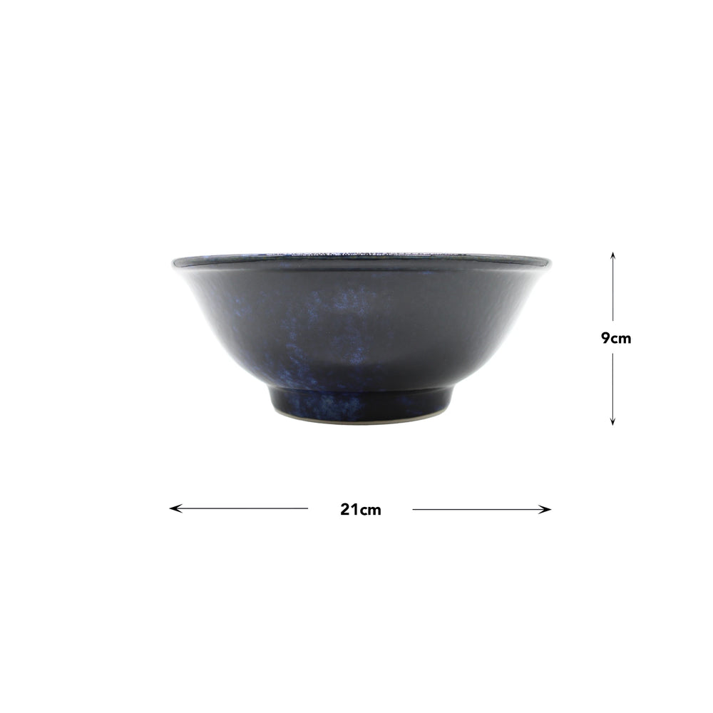 
                  
                    The Ramen Bowl - Blue Cherry Blossom, a dark blue porcelain bowl with a delicate cherry blossom design, measures 21 cm wide and 9 cm tall and is displayed against a white background.
                  
                