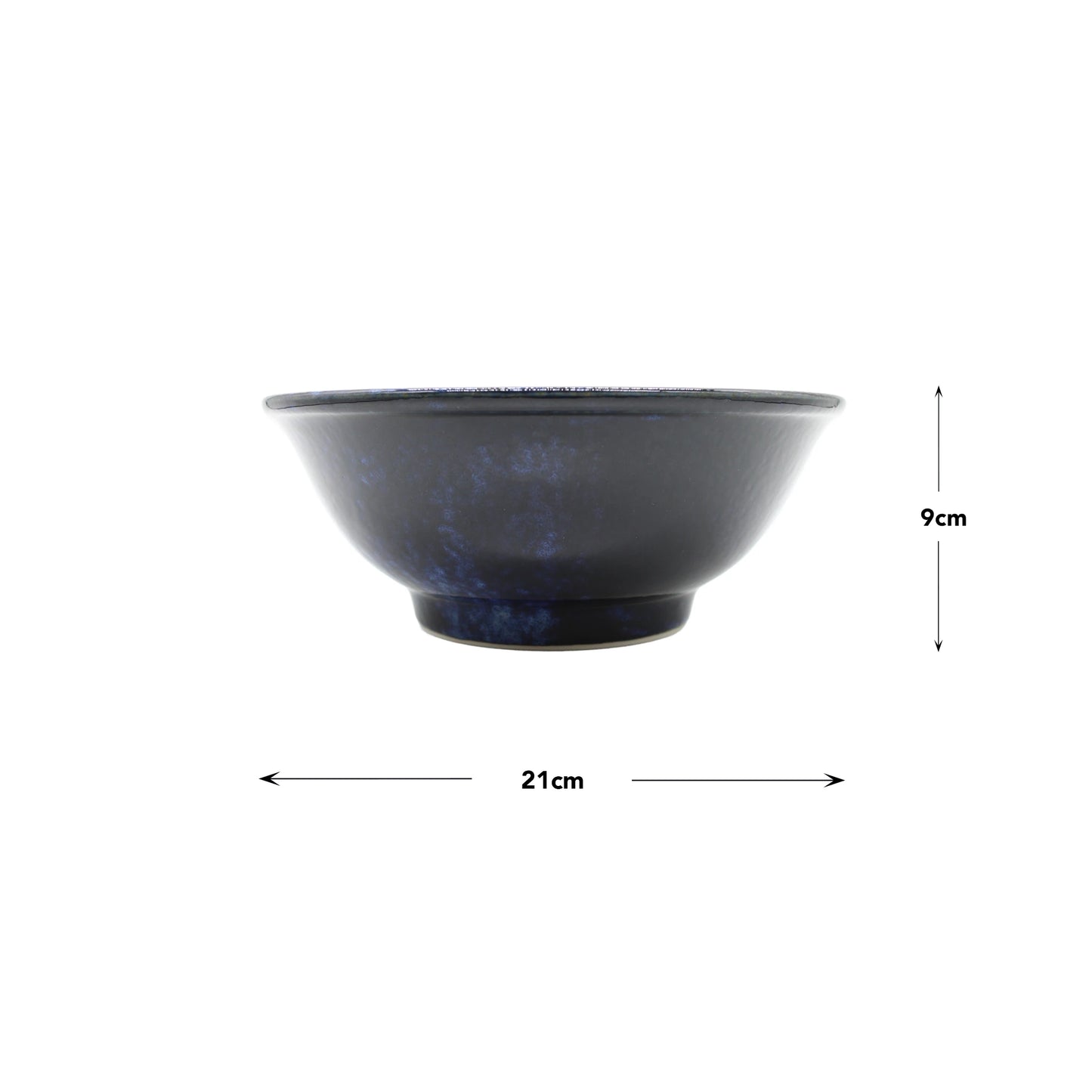 
                  
                    The Ramen Bowl - Blue Cherry Blossom, a dark blue porcelain bowl with a delicate cherry blossom design, measures 21 cm wide and 9 cm tall and is displayed against a white background.
                  
                