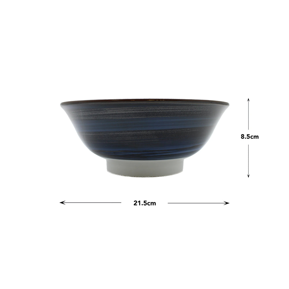 
                  
                    A Deep Ramen Bowl - Great Wave Design White made of Minoyaki porcelain, blue color, 21.5 cm diameter and 8.5 cm height, displayed against a white background with measurement arrows.
                  
                