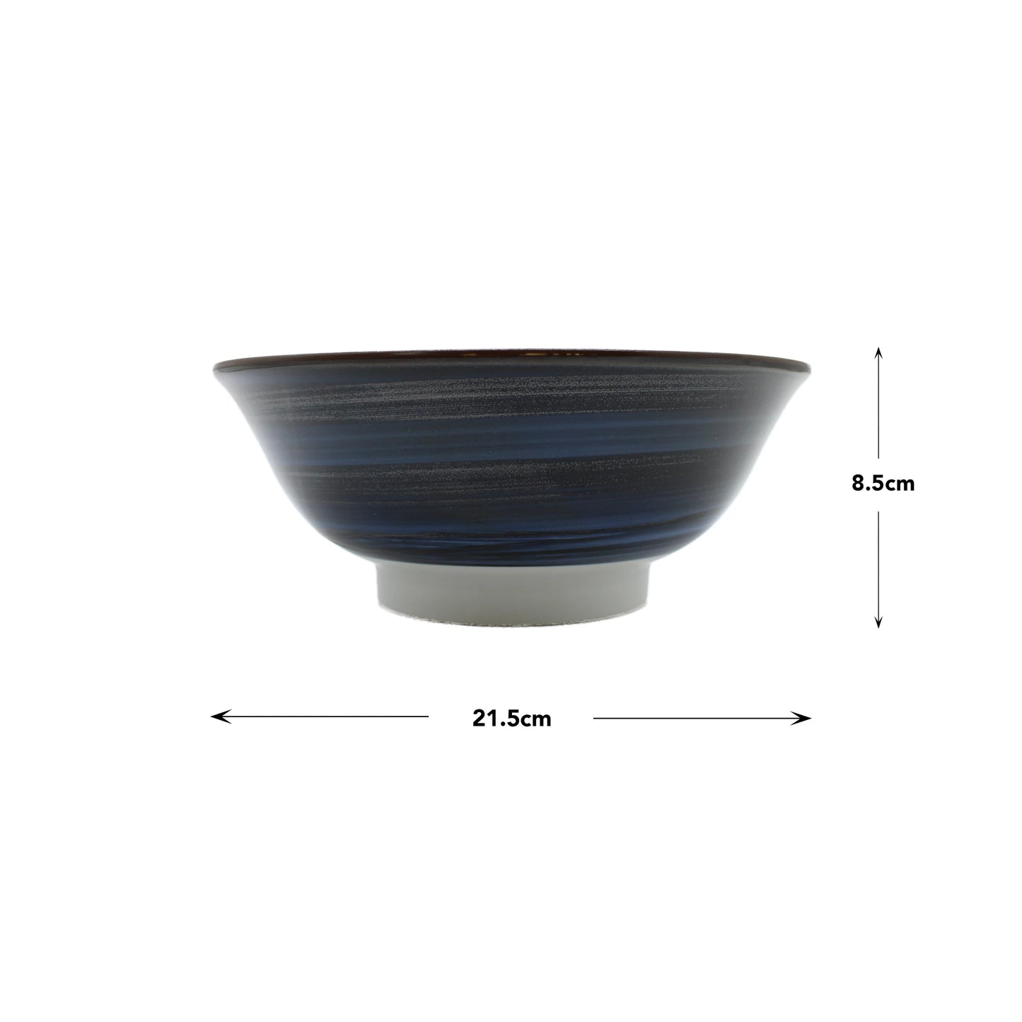 
                  
                    A Deep Ramen Bowl - Great Wave Design White made of Minoyaki porcelain, blue color, 21.5 cm diameter and 8.5 cm height, displayed against a white background with measurement arrows.
                  
                