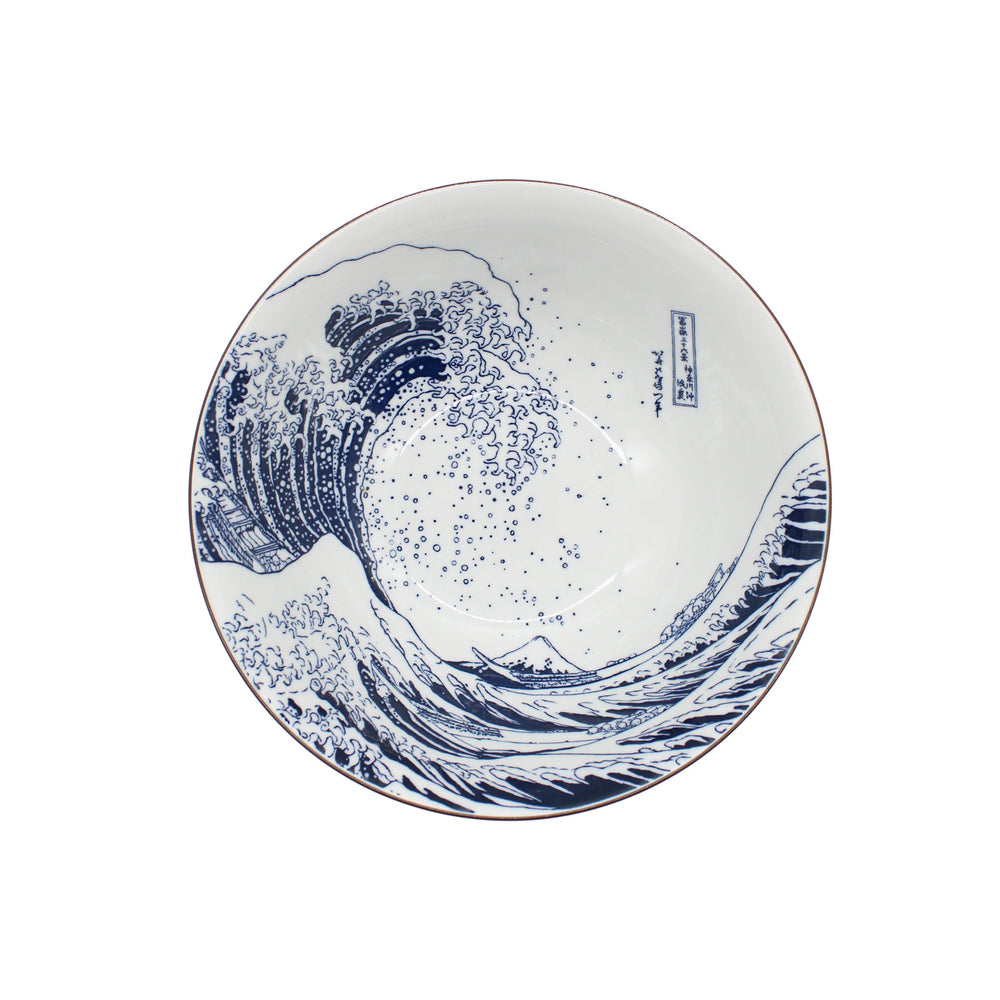 The Deep Ramen Bowl - Great Wave Design White is a white Minoyaki porcelain bowl with a blue wave illustration inspired by Hokusai’s The Great Wave off Kanagawa.