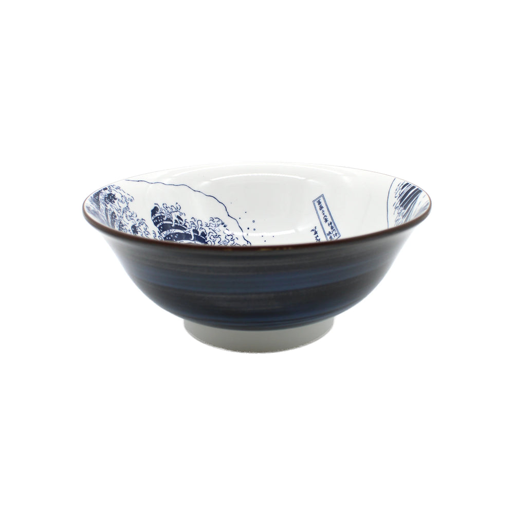 The Deep Ramen Bowl - Great Wave Design White features a dark blue exterior and a white interior decorated with blue wave-inspired patterns along the rim.