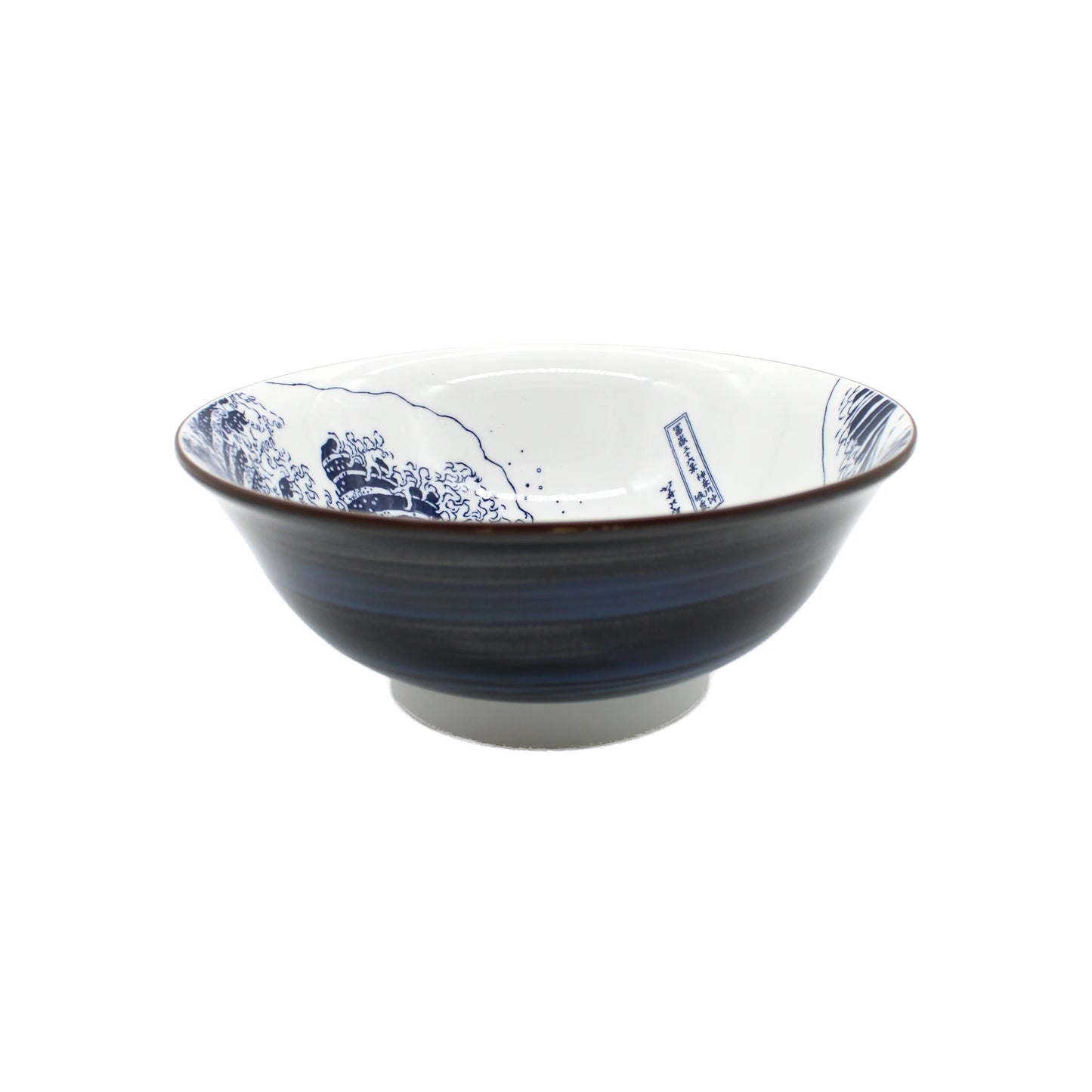 The Deep Ramen Bowl - Great Wave Design White features a dark blue exterior and a white interior decorated with blue wave-inspired patterns along the rim.