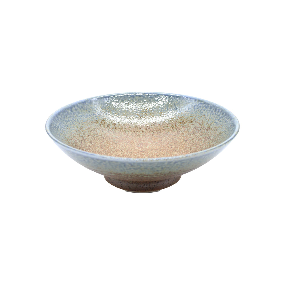 The Ramen Bowl - Earth & Sky features Japanese ceramic artistry with a speckled glaze in beige and light blue on white, highlighted by its shallow, round design.