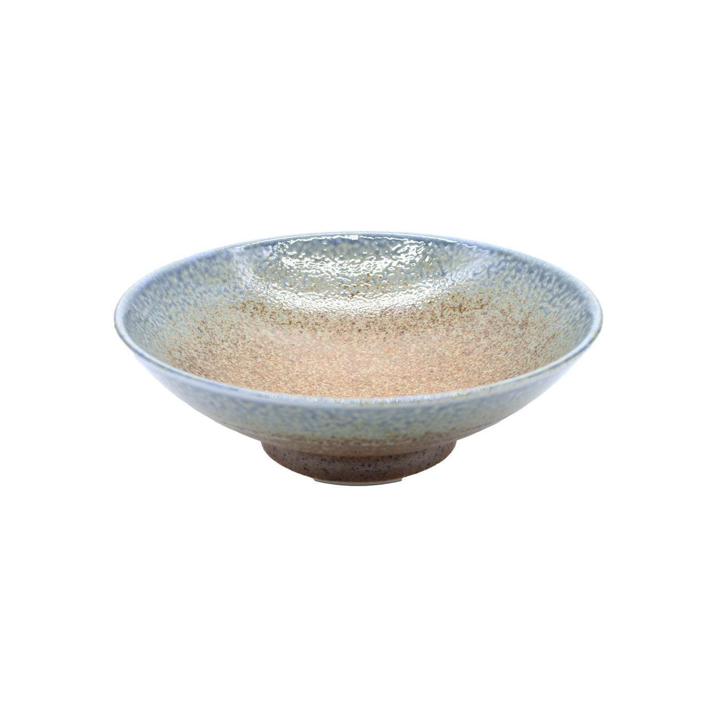 The Ramen Bowl - Earth & Sky features Japanese ceramic artistry with a speckled glaze in beige and light blue on white, highlighted by its shallow, round design.
