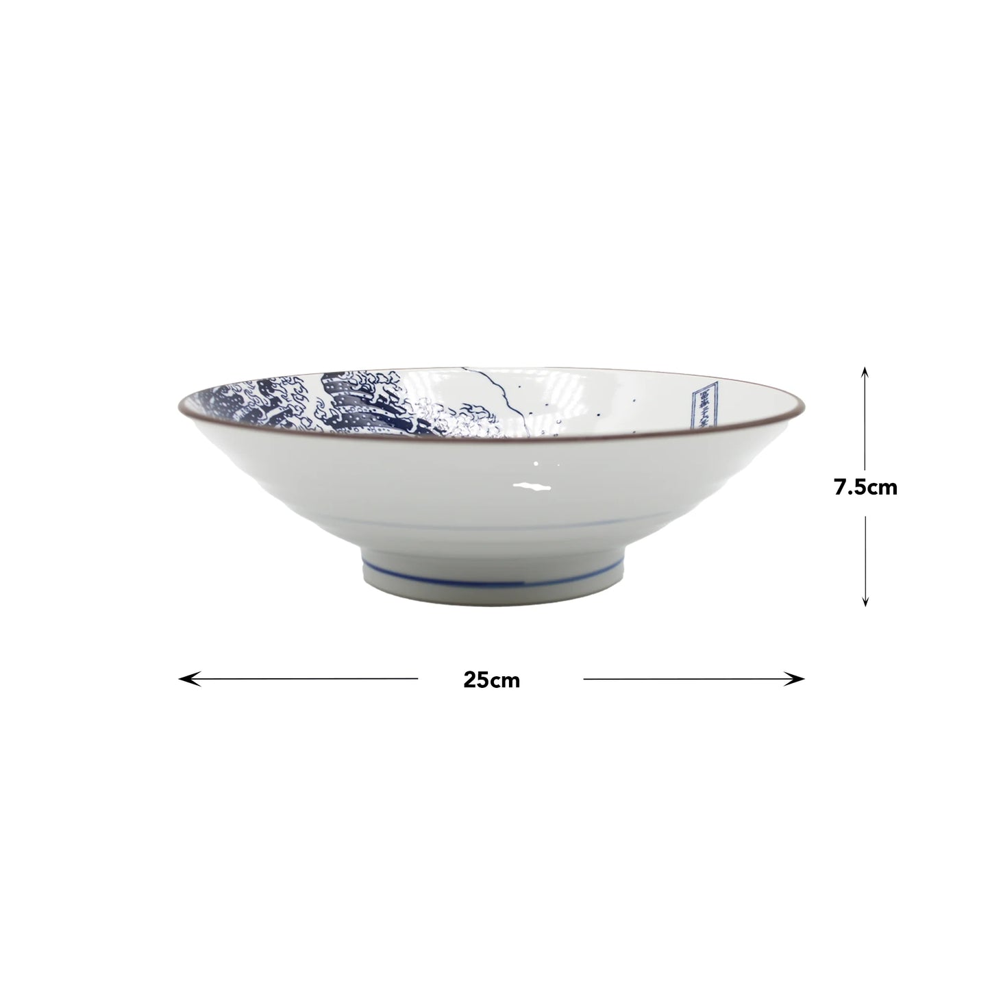 The Ramen Bowl - Great Wave Design White features a blue pattern inspired by Hokusai’s famous wave, measures 25 cm in diameter and 7.5 cm high, and is shown with measurement arrows.