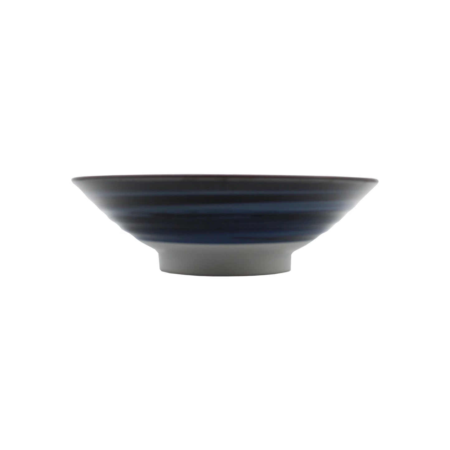 
                  
                    A Japanese Ramen Bowl - Hokusai Great Wave Design White, with a wide rim and narrow base, features dark blue horizontal stripes inspired by traditional designs and a white bottom, displayed against a plain white background.
                  
                