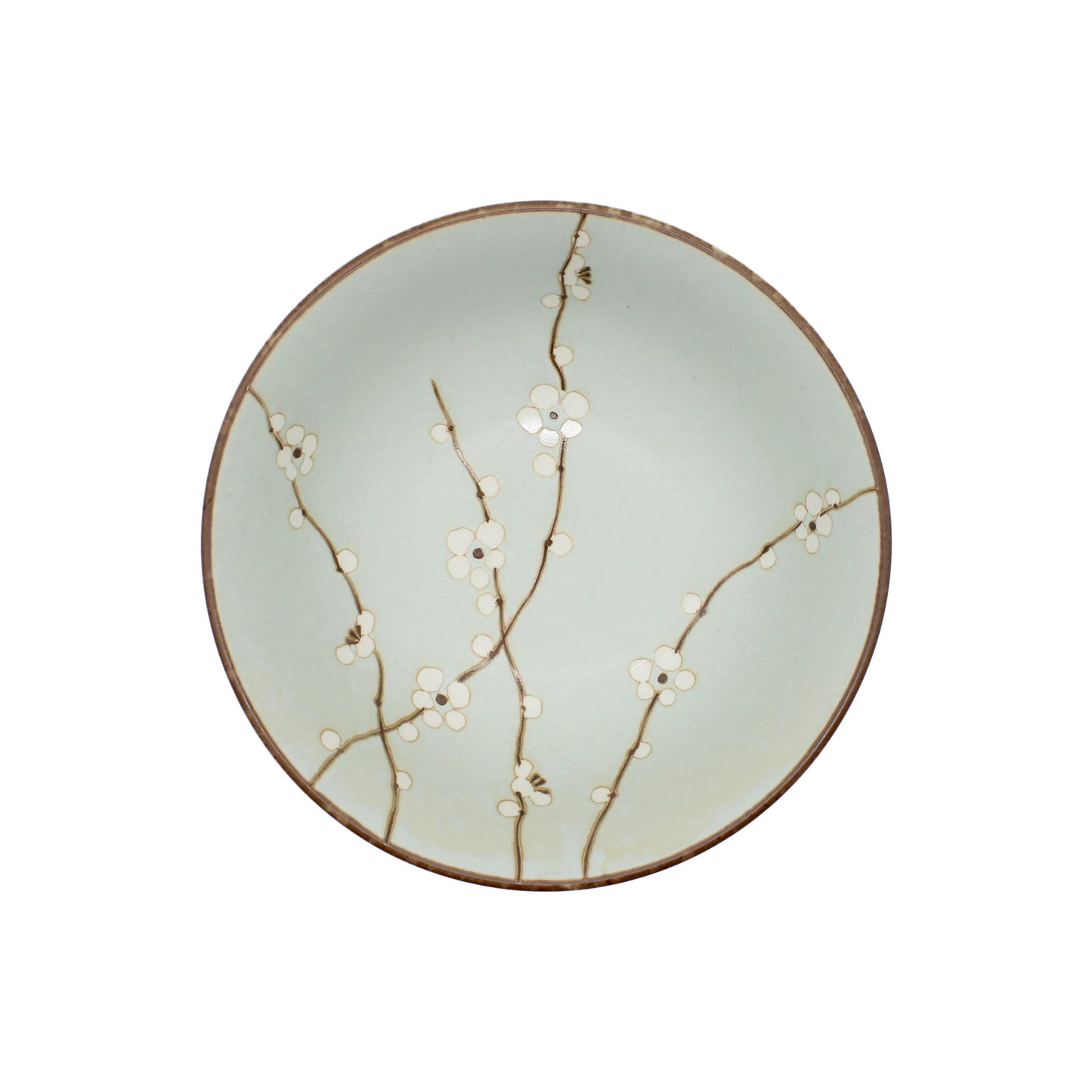 The Ramen Bowl - Light Green Cherry Blossom features a light green glaze, brown rim, and elegant white cherry blossoms. Its versatile size complements Japanese porcelain ramen bowls for stylish serving.