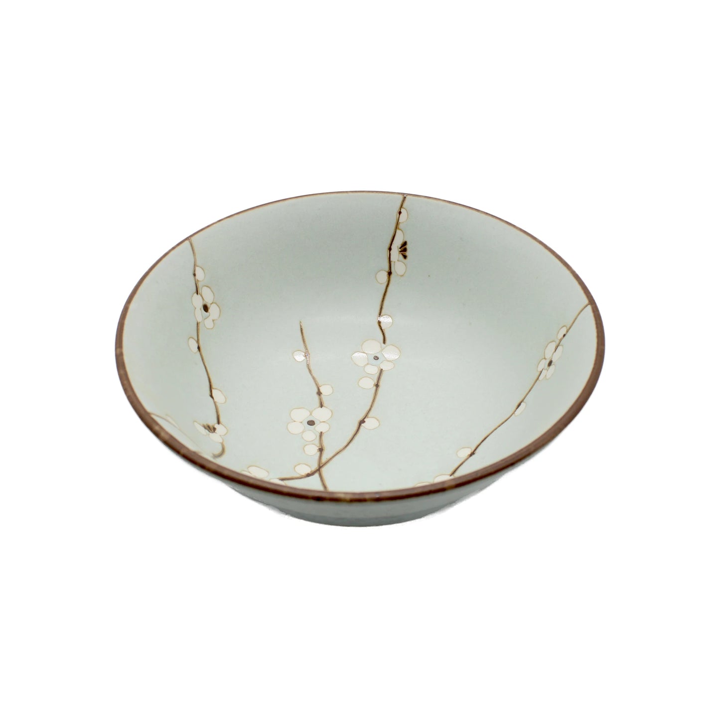 The Ramen Bowl - Light Green Cherry Blossom is a shallow Japanese porcelain bowl with a white interior, brown rim, and elegant cherry blossom design, perfect for serving ramen or other dishes.