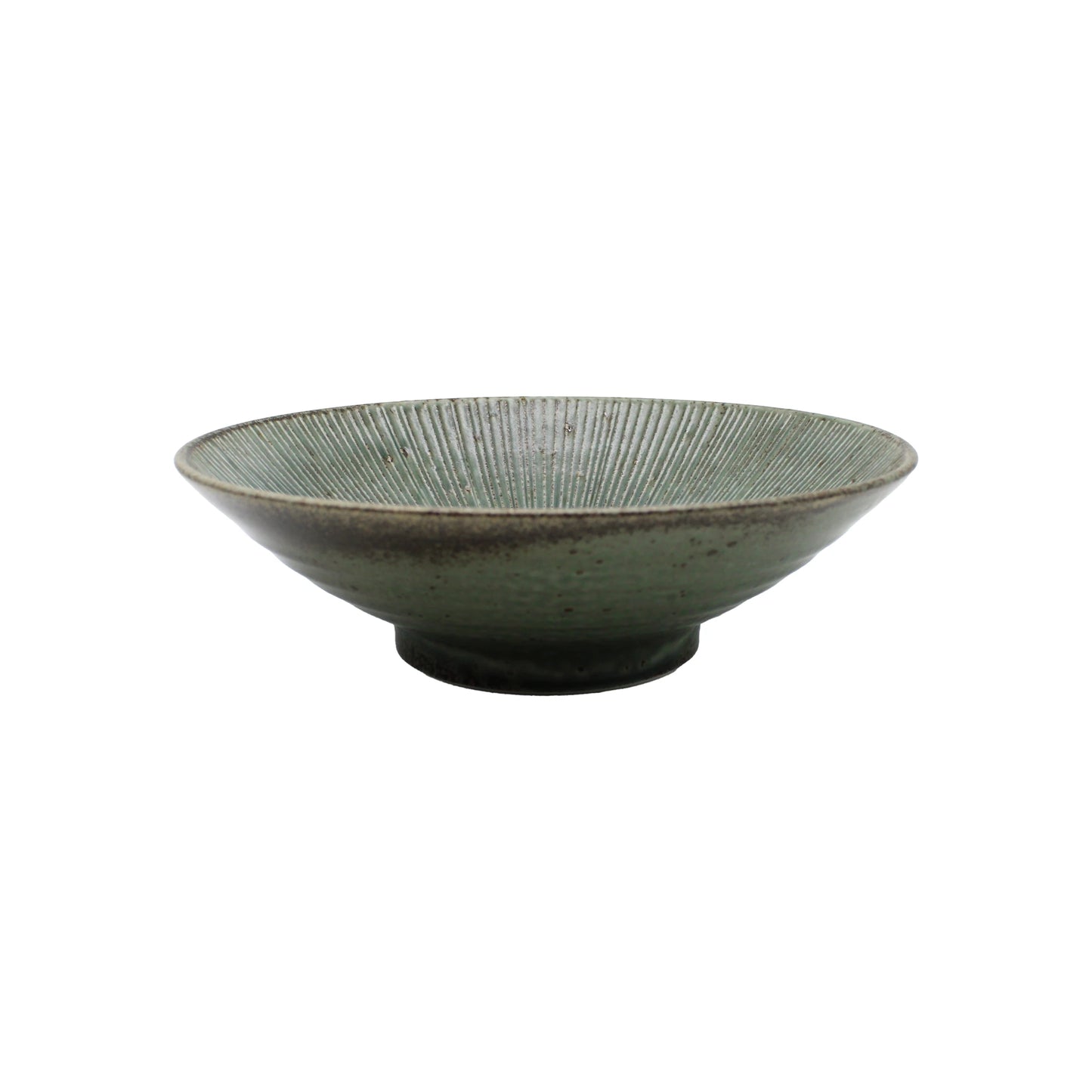 
                  
                    The Ramen Bowl - Etched Green Lines is a handcrafted, shallow ceramic bowl with a green glaze and vertical ridges, inspired by Minoyaki porcelain, shown from the side on a white background.
                  
                