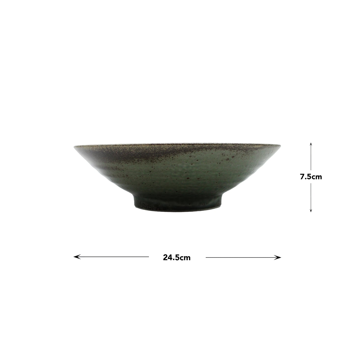 
                  
                    The Ramen Bowl - Etched Green Lines is a dark green handcrafted Minoyaki porcelain bowl, 24.5 cm in diameter and 7.5 cm high, displayed on a white background with dimension lines.
                  
                