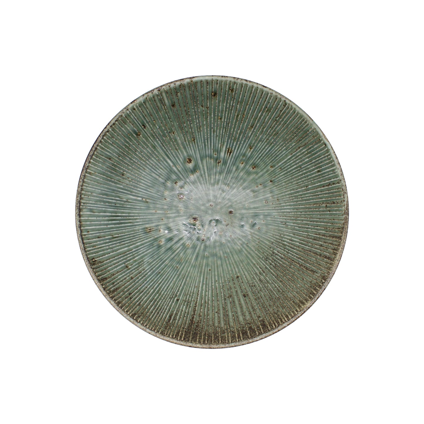 
                  
                    The Ramen Bowl - Etched Green Lines features a handcrafted, radial textured design with a mottled green and brown glaze, inspired by Minoyaki porcelain, shown from above on a white background.
                  
                