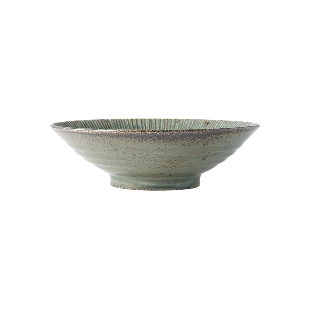 A shallow, round ceramic bowl with textured green glaze and a flared rim, part of the Ramen Set with Ramen Bowls & Ladles—ideal for serving barley miso or enhancing your cherry blossom ramen bowls collection. Shown on a white background.