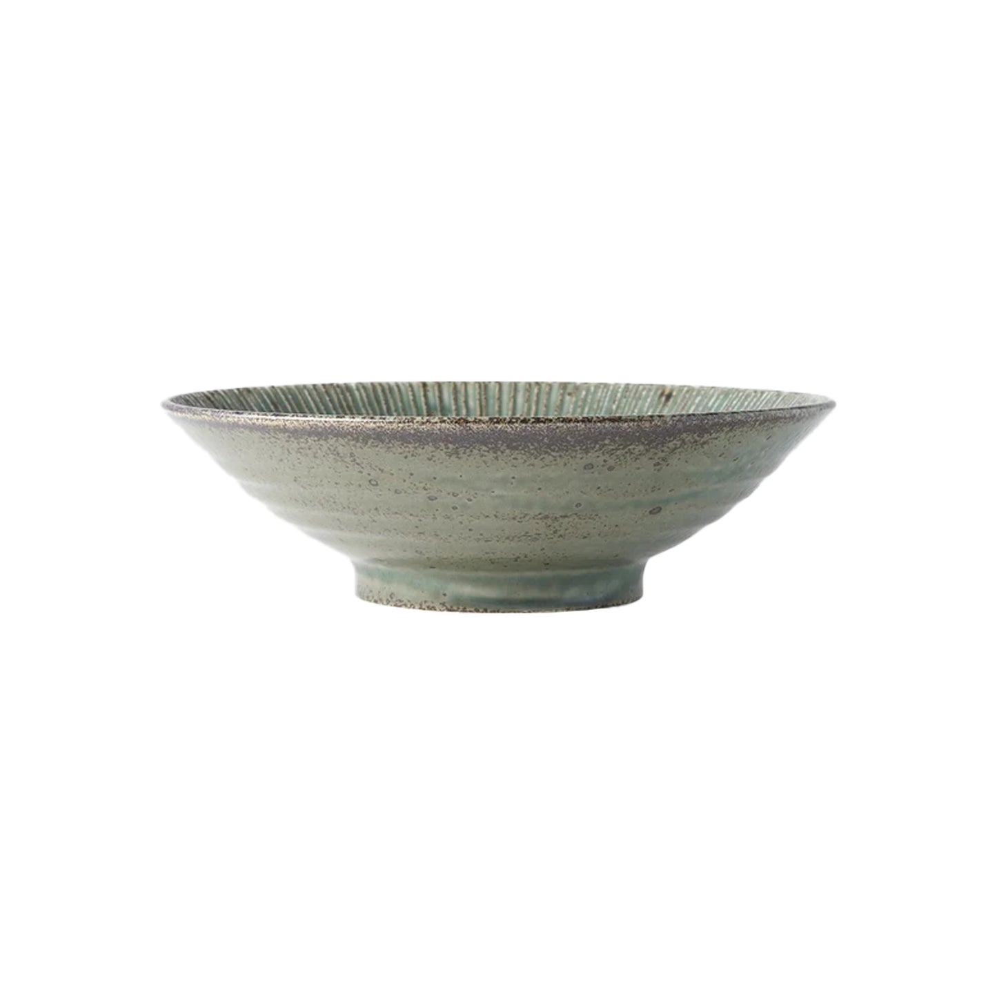 A shallow, round ceramic bowl with textured green glaze and a flared rim, part of the Ramen Set with Ramen Bowls & Ladles—ideal for serving barley miso or enhancing your cherry blossom ramen bowls collection. Shown on a white background.