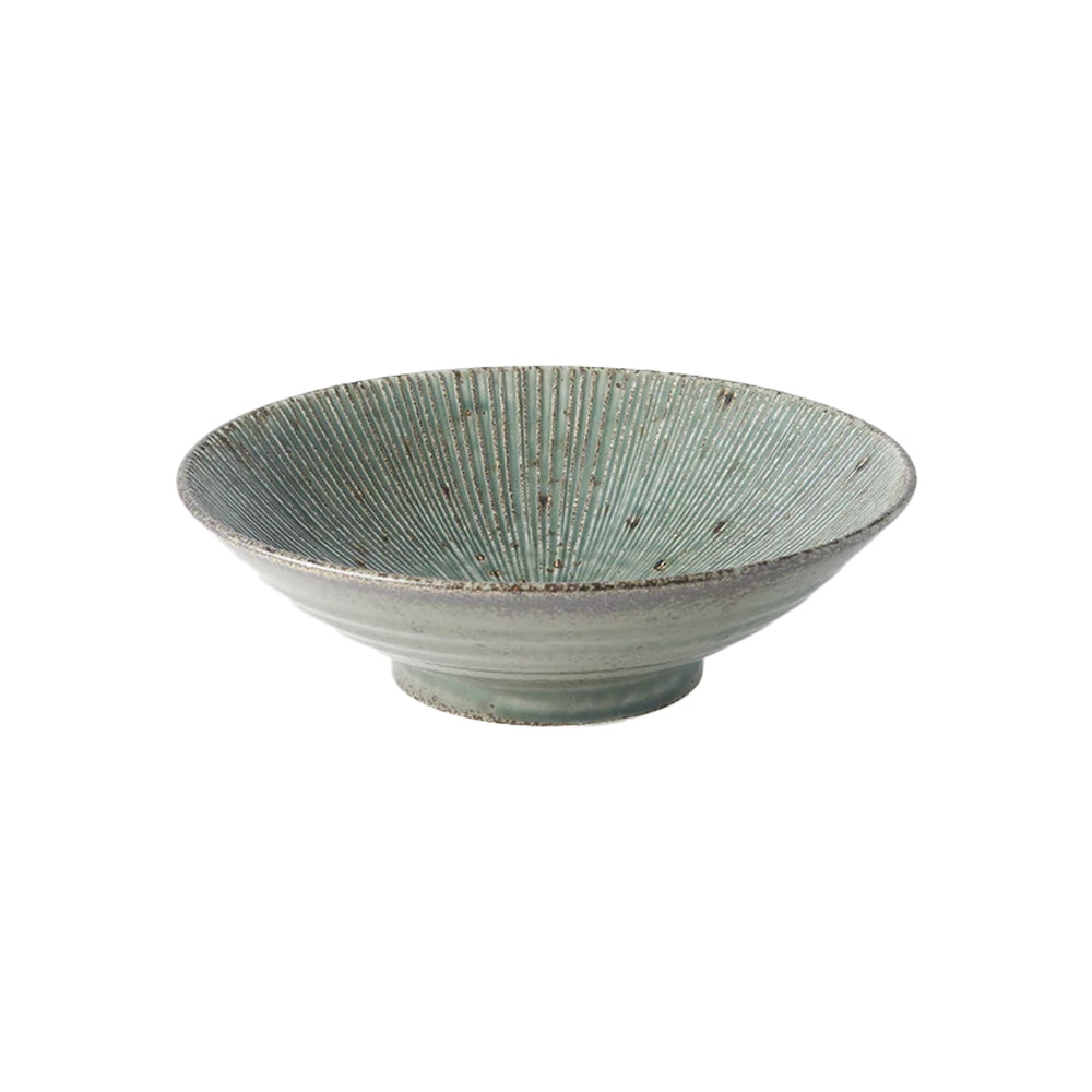 The Ramen Bowl - Etched Green Lines is a shallow, round Minoyaki porcelain bowl with a textured light blue-green glaze and slightly raised base, displayed against a white background.