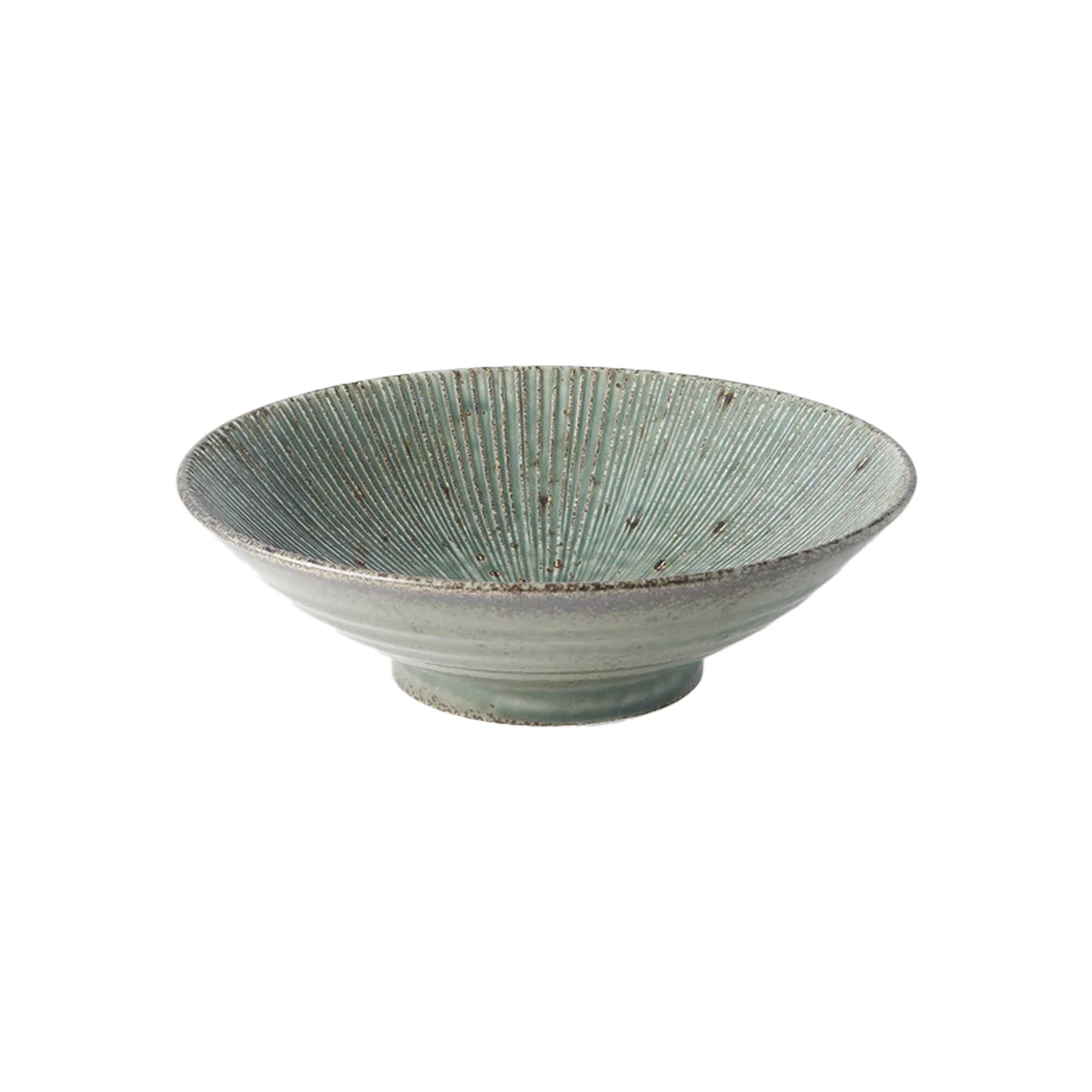 The Ramen Bowl - Etched Green Lines is a shallow, round Minoyaki porcelain bowl with a textured light blue-green glaze and slightly raised base, displayed against a white background.