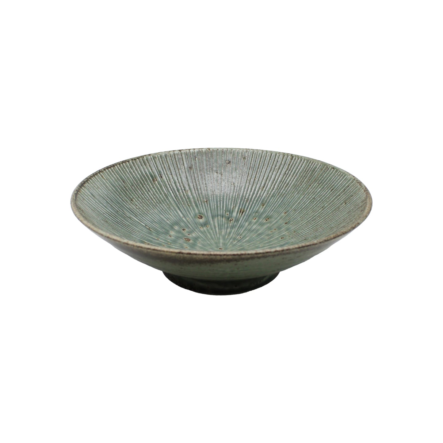 The Ramen Bowl - Etched Green Lines is a handcrafted Minoyaki porcelain bowl, shallow and wide with a radial textured pattern and greenish glaze, beautifully photographed against a plain white background.
