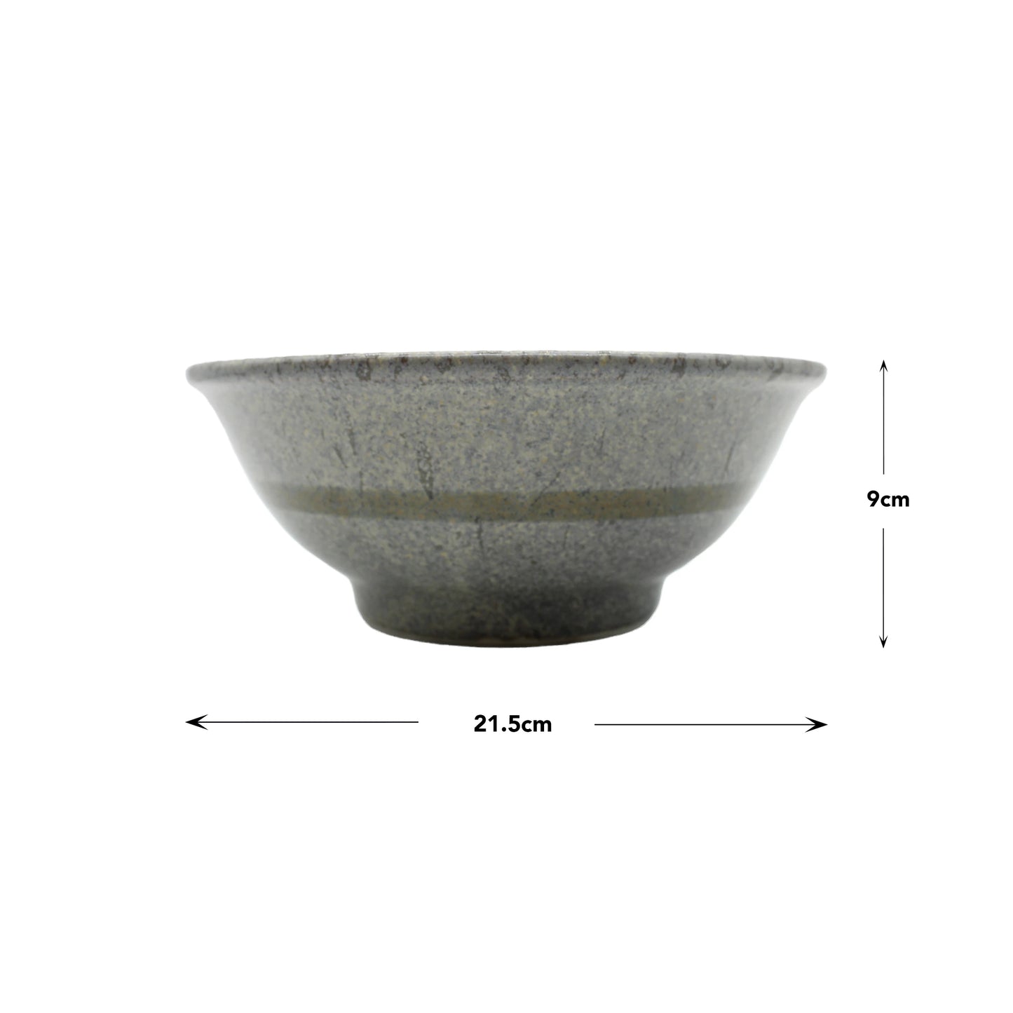 The Ramen Bowl - Grey Cherry Blossom is a Japanese porcelain bowl in grey, measuring 21.5 cm in diameter and 9 cm high, shown against a white background with measurement arrows.
