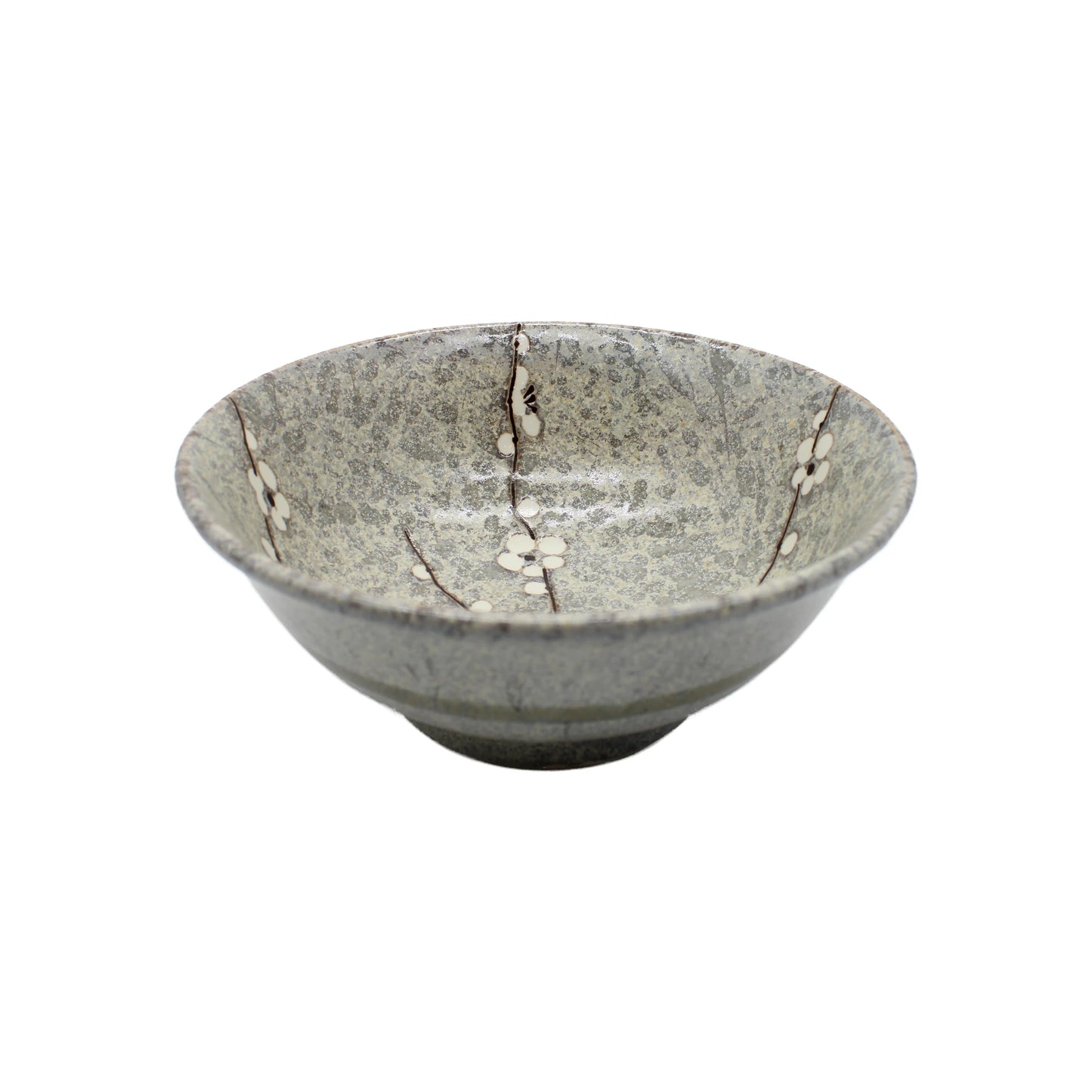 The Ramen Bowl - Grey Cherry Blossom features Japanese porcelain with a gray speckled glaze and an elegant cherry blossom pattern on the inner surface, all set against a white background.