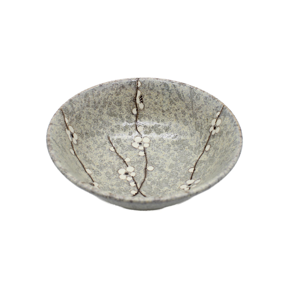 
                  
                    The Ramen Bowl - Grey Cherry Blossom is a shallow, round Japanese porcelain bowl with a gray speckled surface and delicate white cherry blossom branch design, ideal for ramen or other dishes.
                  
                