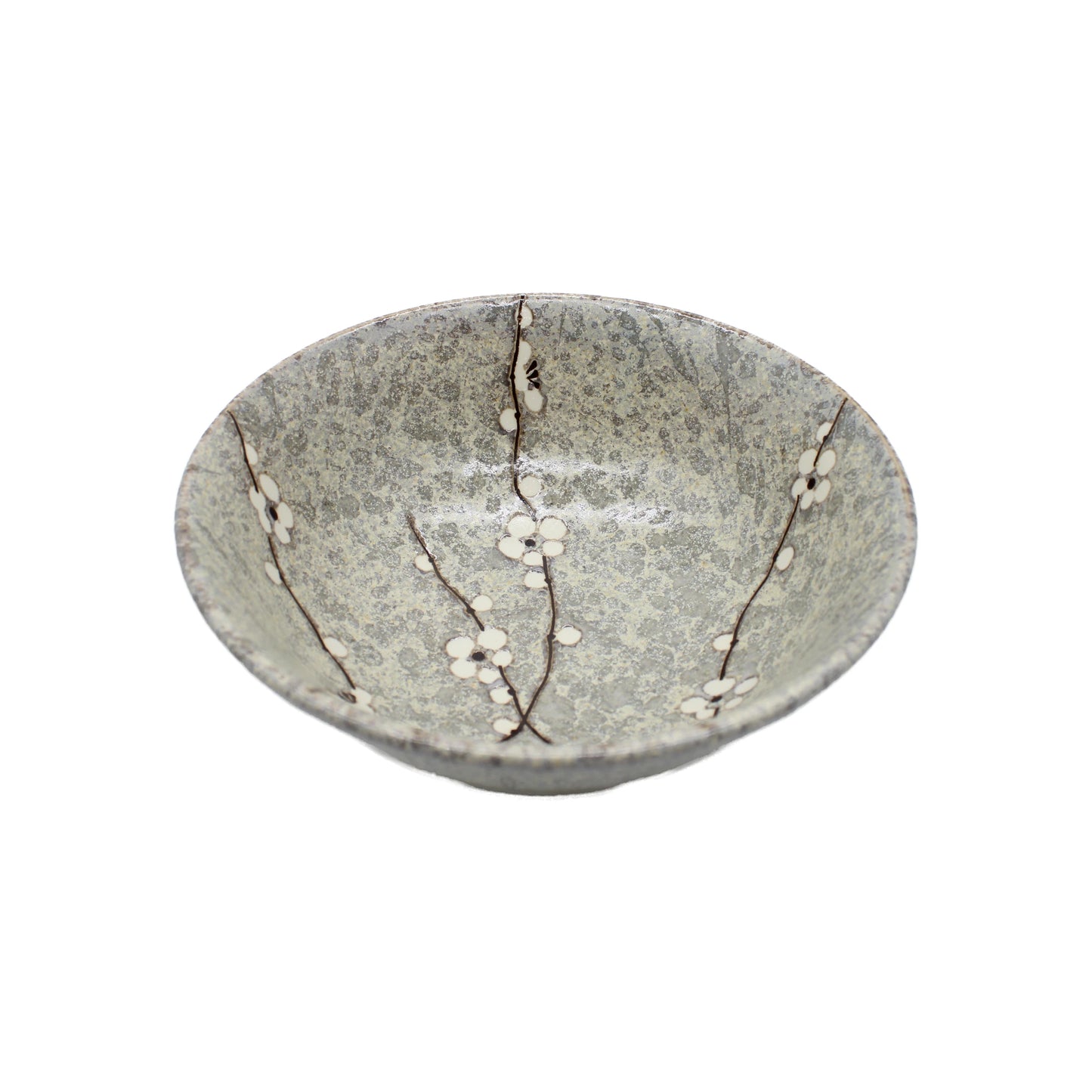 
                  
                    The Ramen Bowl - Grey Cherry Blossom is a shallow, round Japanese porcelain bowl with a gray speckled surface and delicate white cherry blossom branch design, ideal for ramen or other dishes.
                  
                