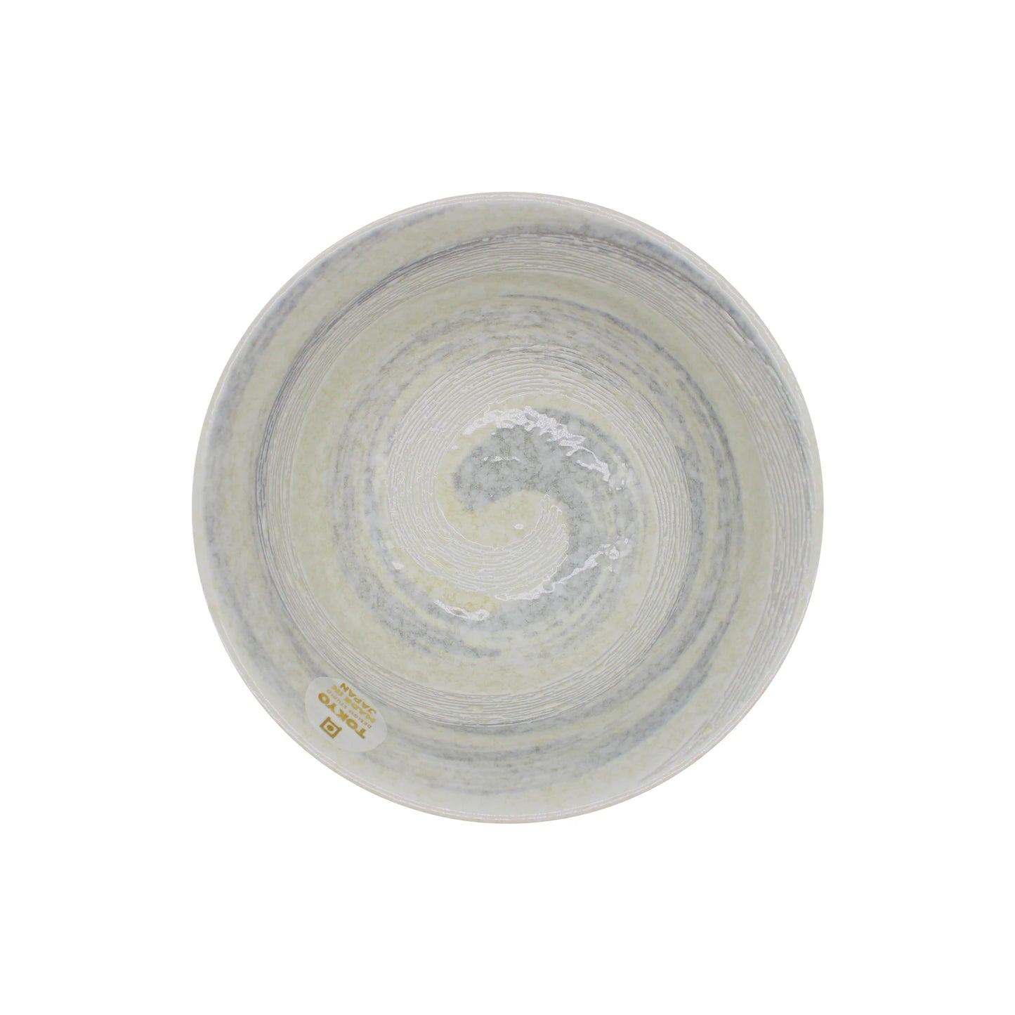 
                  
                    The Ramen Bowl - Grey Swirl is a round ceramic noodle bowl featuring a subtle white and gray spiral pattern, seen from above, with a small gold sticker on the rim that adds an elegant touch to its Japanese-inspired design.
                  
                