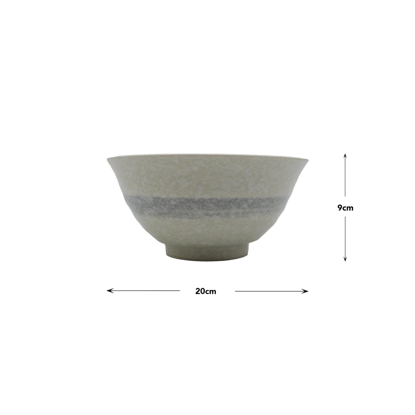 
                  
                    The Ramen Bowl - Grey Swirl, a ceramic noodle bowl with a subtle grey band, measures 20 cm in diameter and 9 cm in height, shown on a white background with measurement arrows.
                  
                