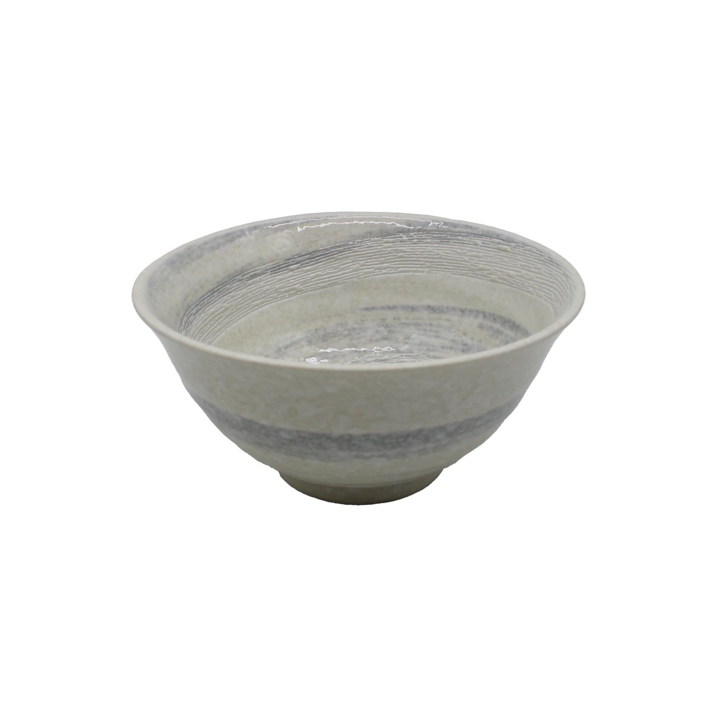 
                  
                    The Ramen Bowl - Grey Swirl features a light gray and white striped pattern, reminiscent of traditional Japanese ramen bowls, displayed on a plain white background.
                  
                