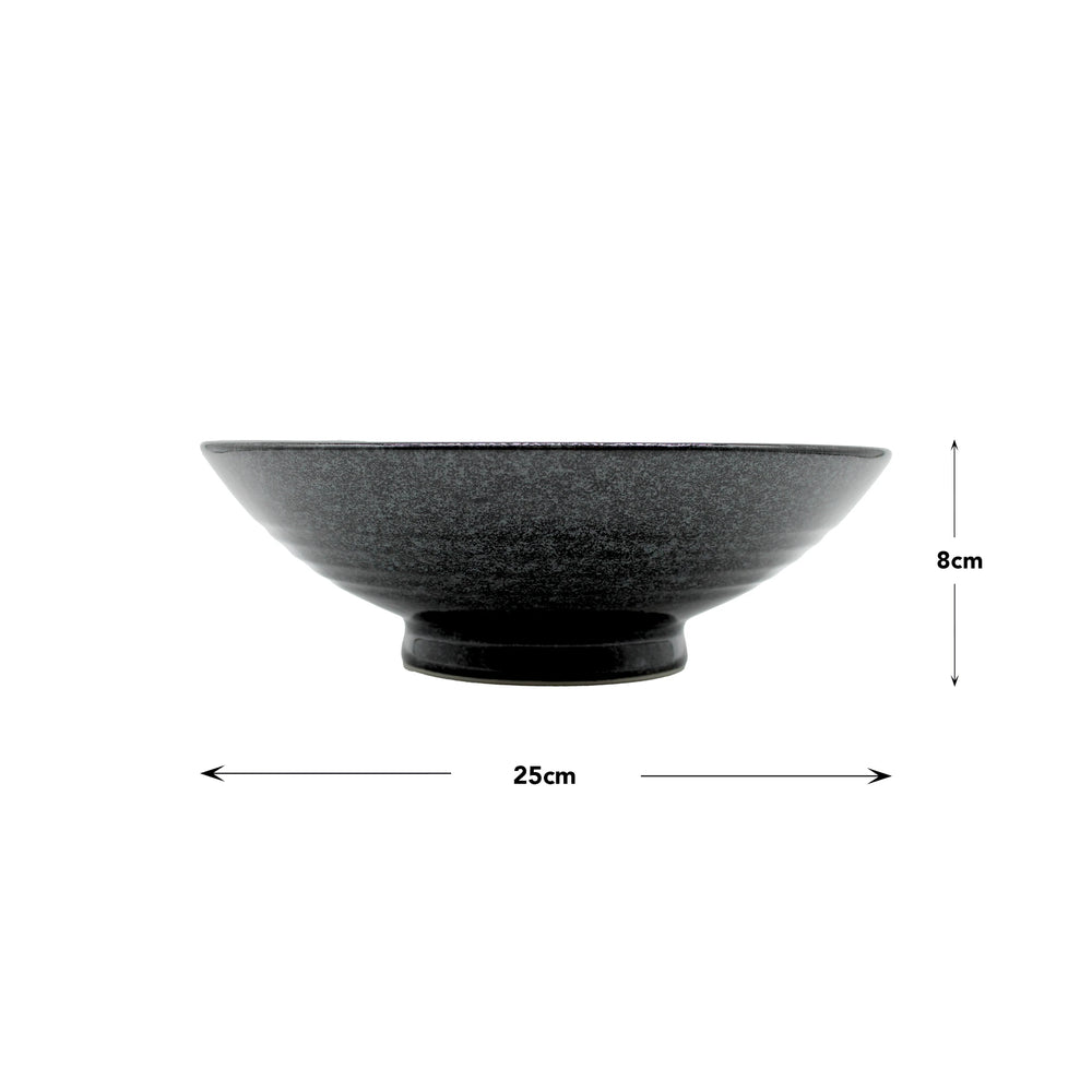The Ramen Bowl - Gunmetal Swirl, handcrafted with a unique swirl design, measures 25 cm in diameter and 8 cm in height, and is shown on a white background with measurement arrows.