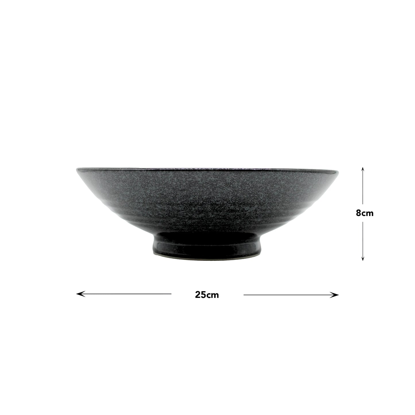 The Ramen Bowl - Gunmetal Swirl, handcrafted with a unique swirl design, measures 25 cm in diameter and 8 cm in height, and is shown on a white background with measurement arrows.
