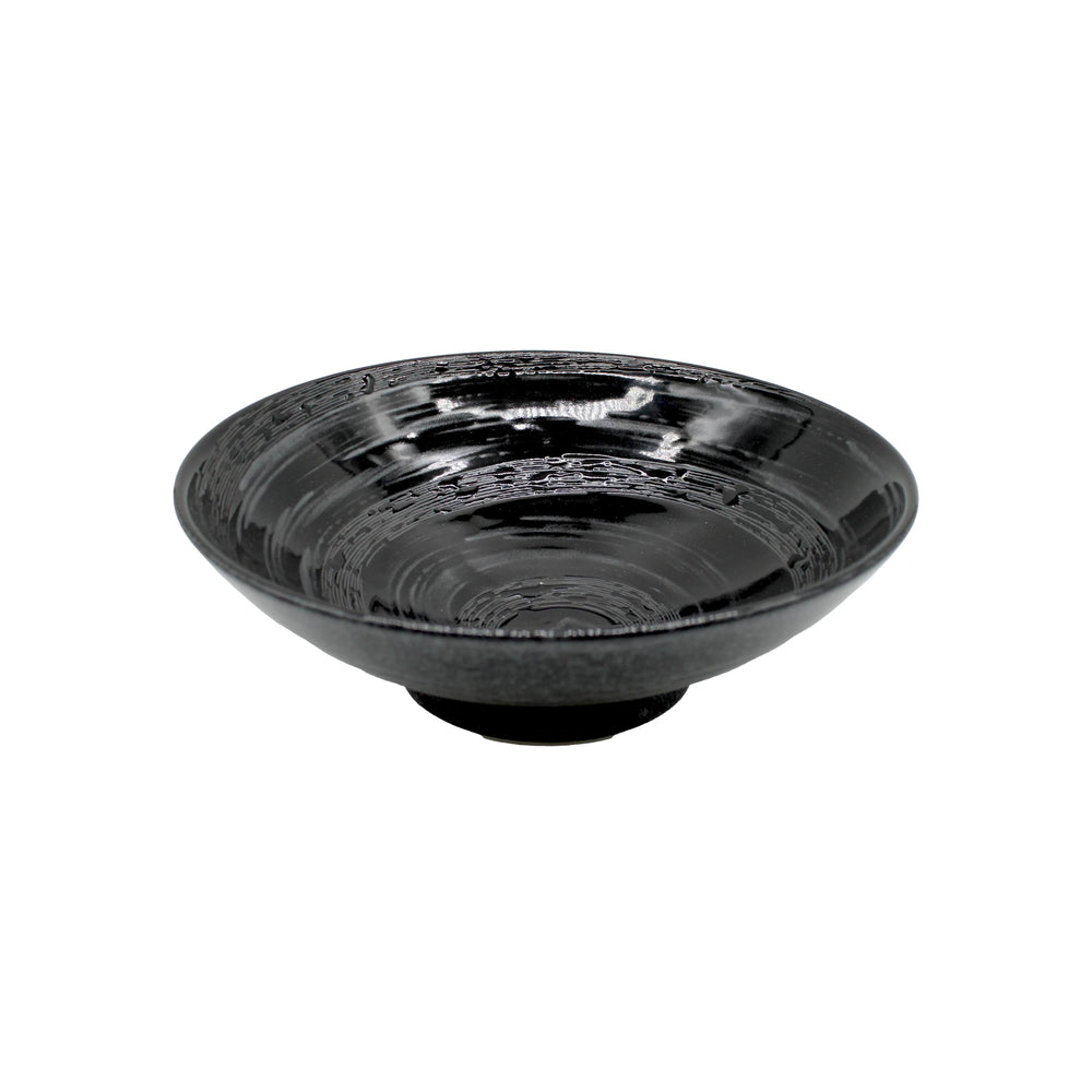 The Ramen Bowl - Gunmetal Swirl is a black, handcrafted bowl with a shallow shape, circular textured pattern, small base, and subtle gunmetal swirl, highlighting Japanese craftsmanship.