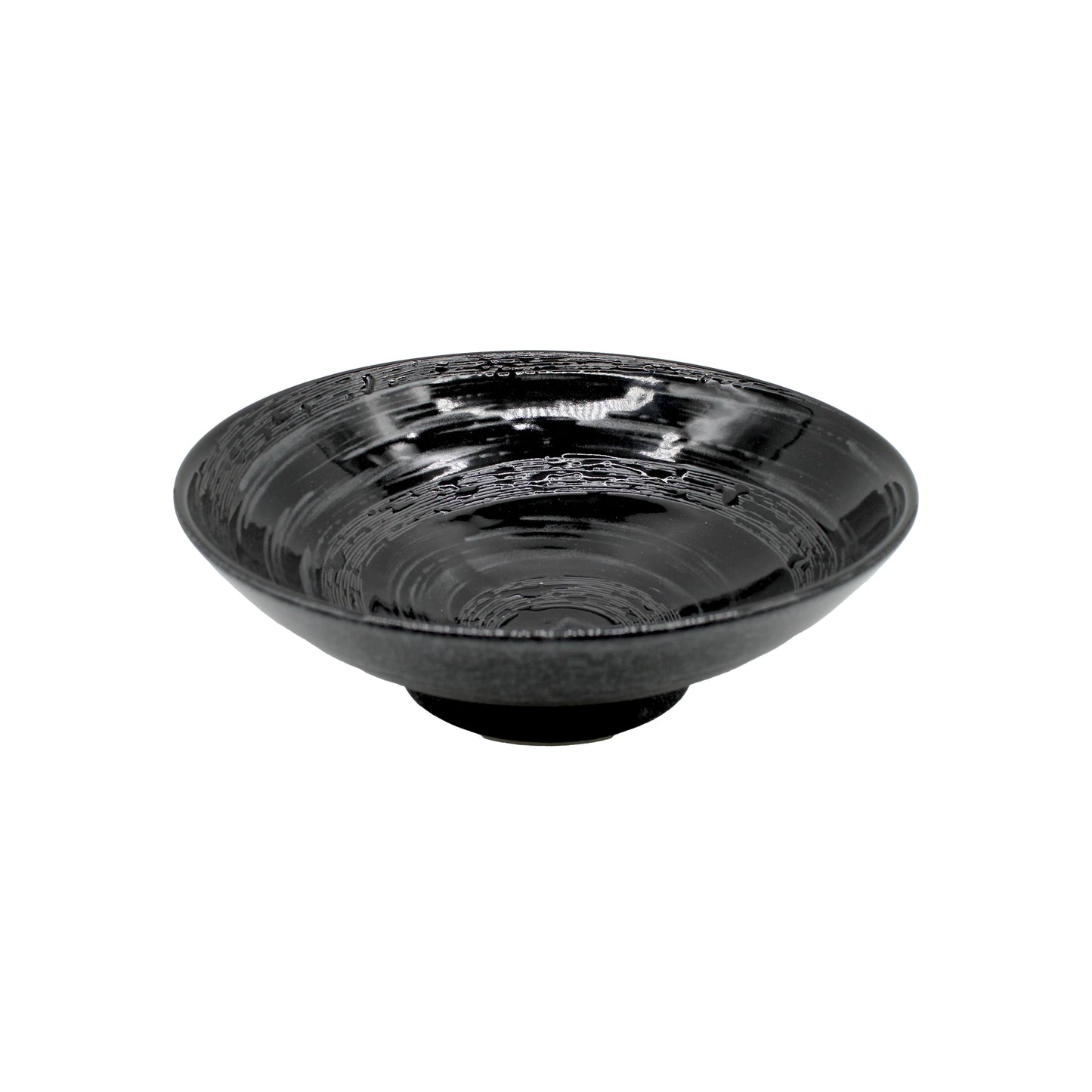 The Ramen Bowl - Gunmetal Swirl is a black, handcrafted bowl with a shallow shape, circular textured pattern, small base, and subtle gunmetal swirl, highlighting Japanese craftsmanship.