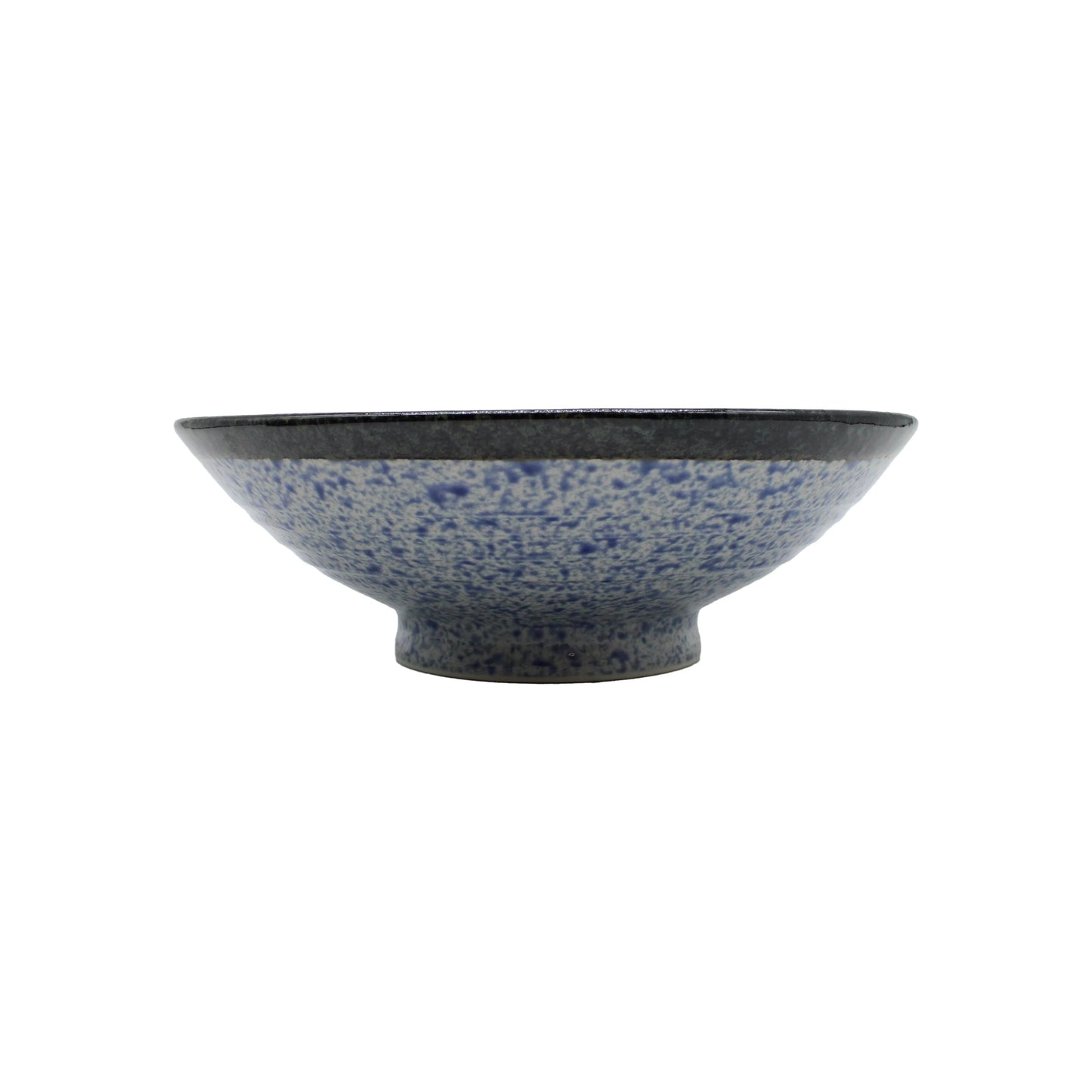 
                  
                    The Ramen Bowl - Blue Wave is a handmade Japanese bowl with a wide brim, blue speckled glaze, and slightly raised base, crafted in the Minoyaki porcelain tradition and shown on a white background.
                  
                
