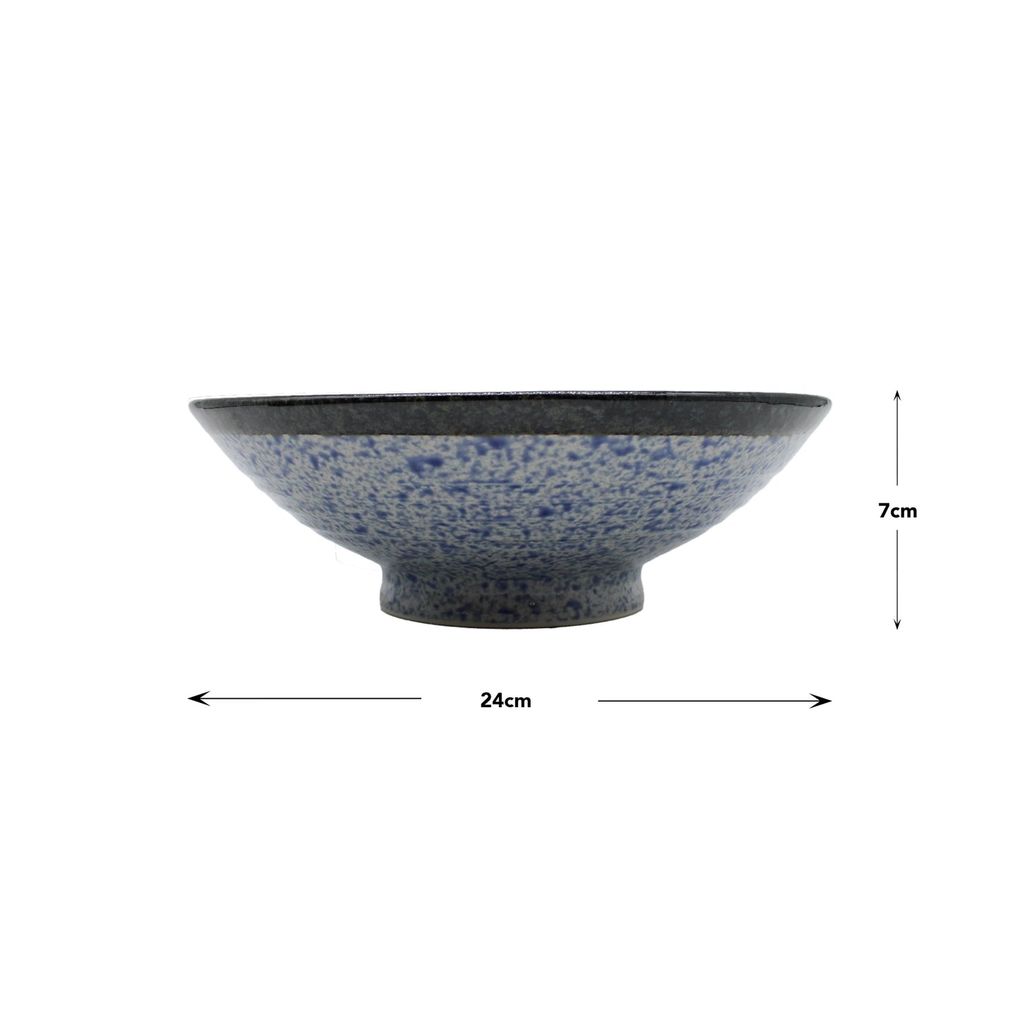 
                  
                    The Ramen Bowl - Blue Wave is a handmade Japanese Minoyaki porcelain bowl, 24 cm in diameter and 7 cm high, featuring a blue speckled design. Measurement arrows are shown.
                  
                
