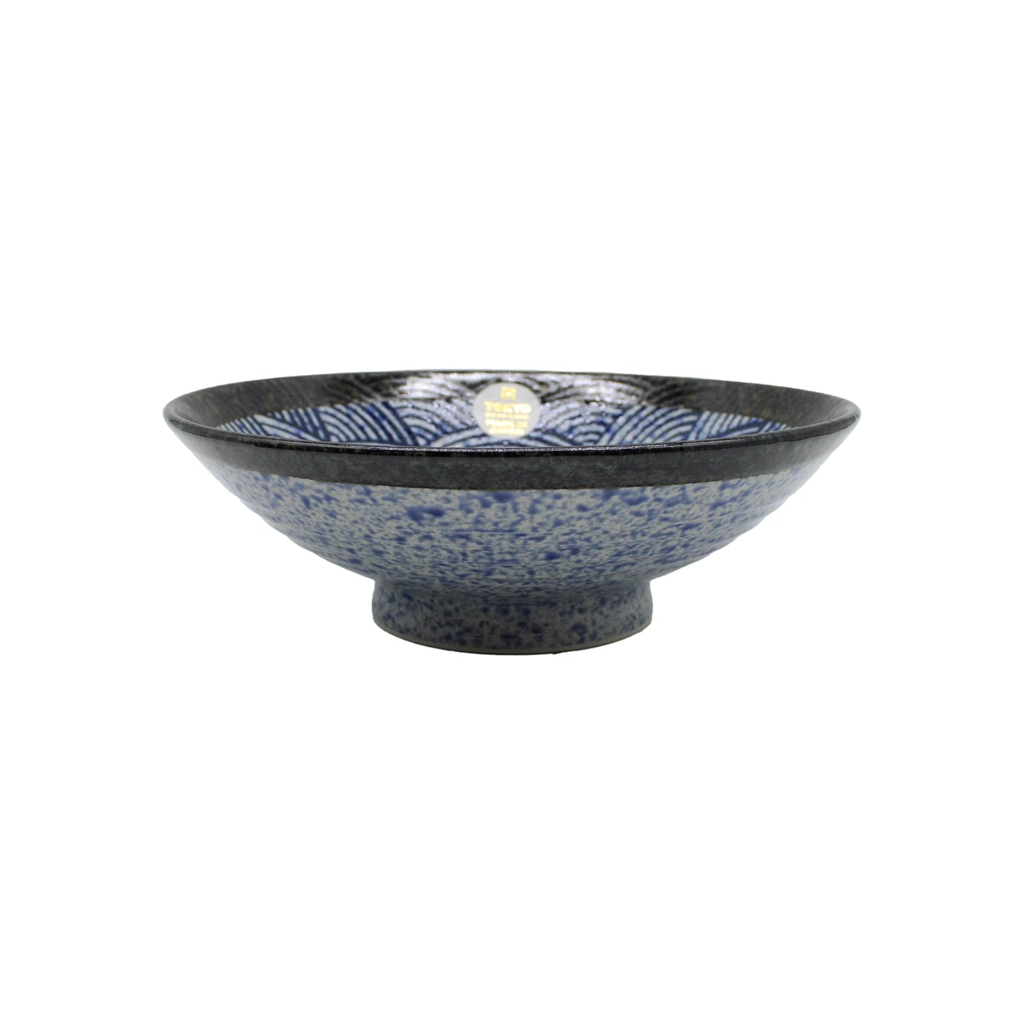 
                  
                    The Ramen Bowl - Blue Wave, made from Minoyaki porcelain, showcases bold blue and black patterns inside and out on a white background.
                  
                