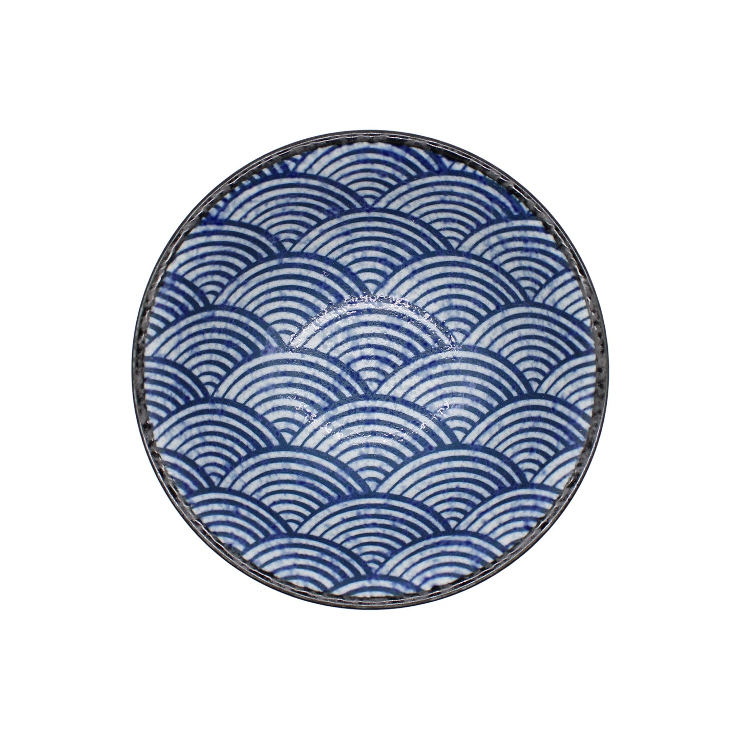 The Ramen Bowl - Japanese Wave 'Seikaiha' features a blue and white Seikaiha ocean waves pattern, shown from above on a white background.