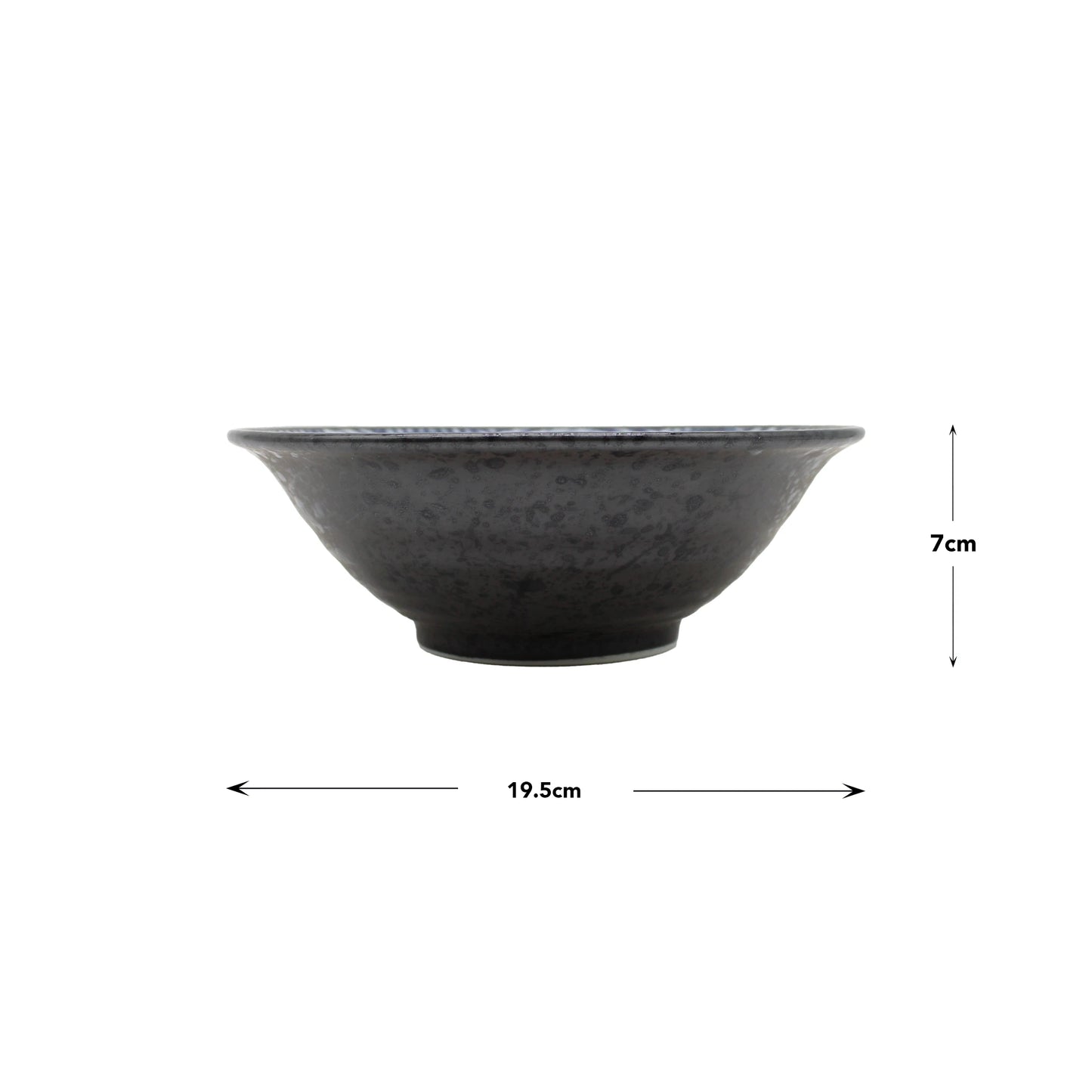 
                  
                    The Ramen Bowl - Japanese Wave 'Seikaiha' is a dark gray porcelain bowl with a textured surface, measuring 19.5 cm in diameter and 7 cm in height, shown with labeled dimension arrows.
                  
                